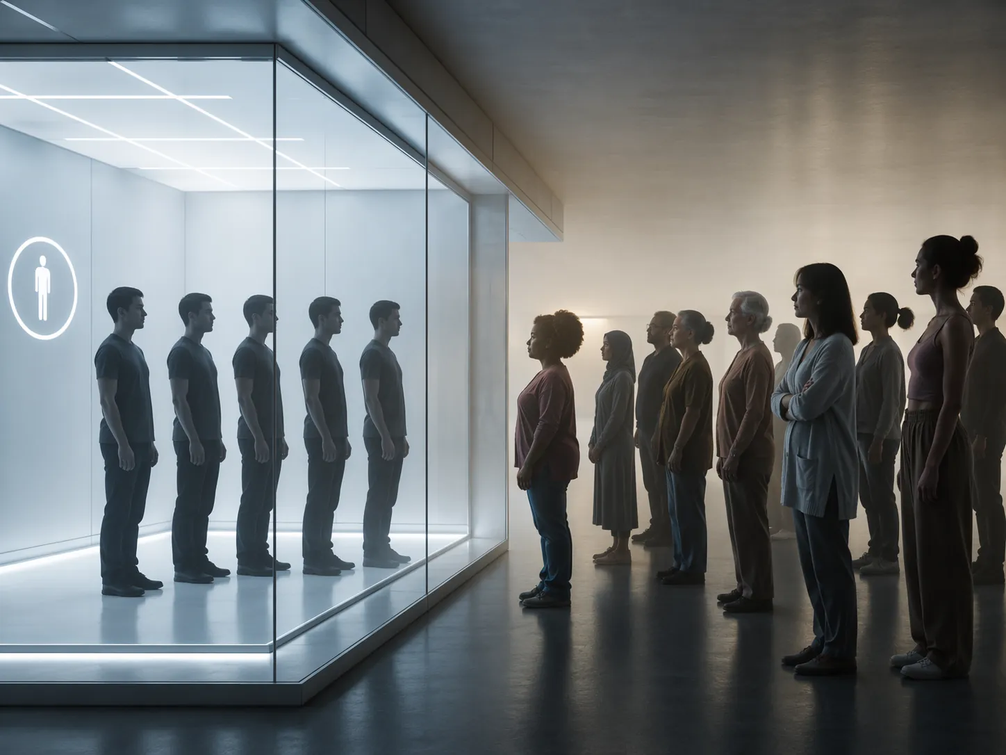 Clinical research chamber with a small group of male silhouettes separated from a larger diverse group