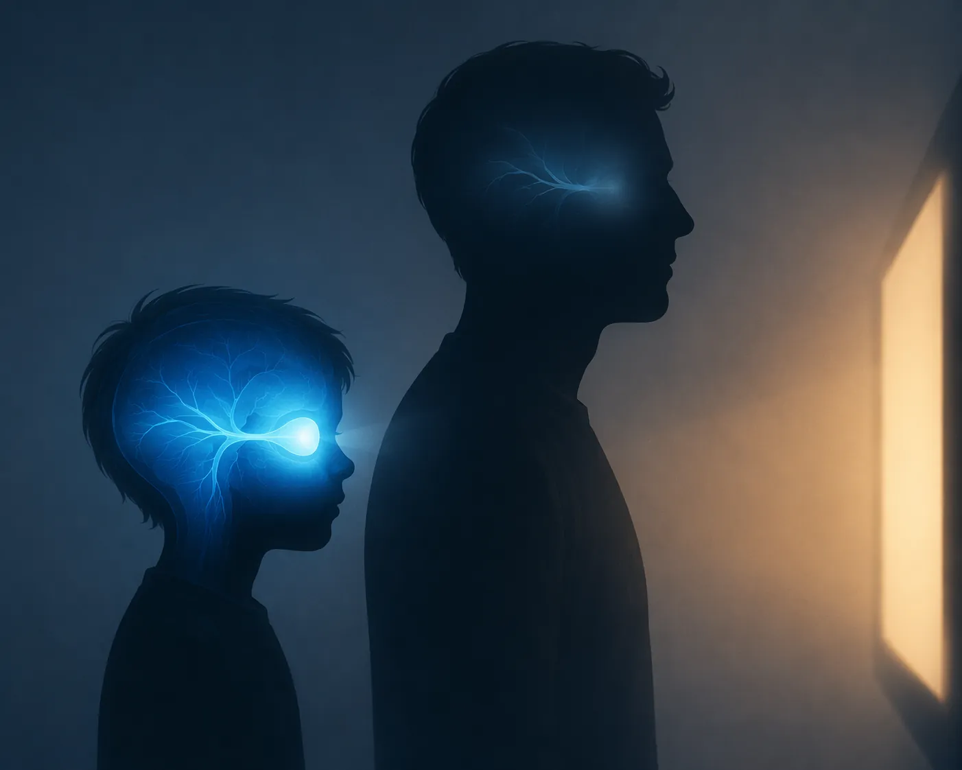 Child and adult silhouettes facing screen light with stronger blue glow around the child