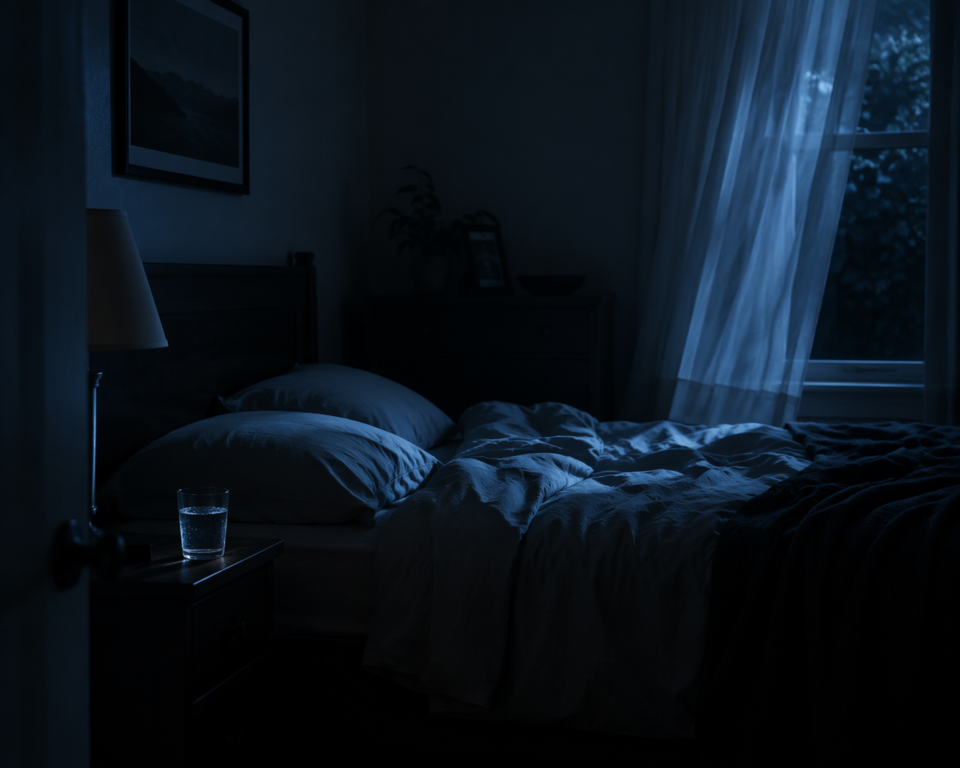Dim intact bedroom at night with rumpled sheets and faint ripples in a glass of water