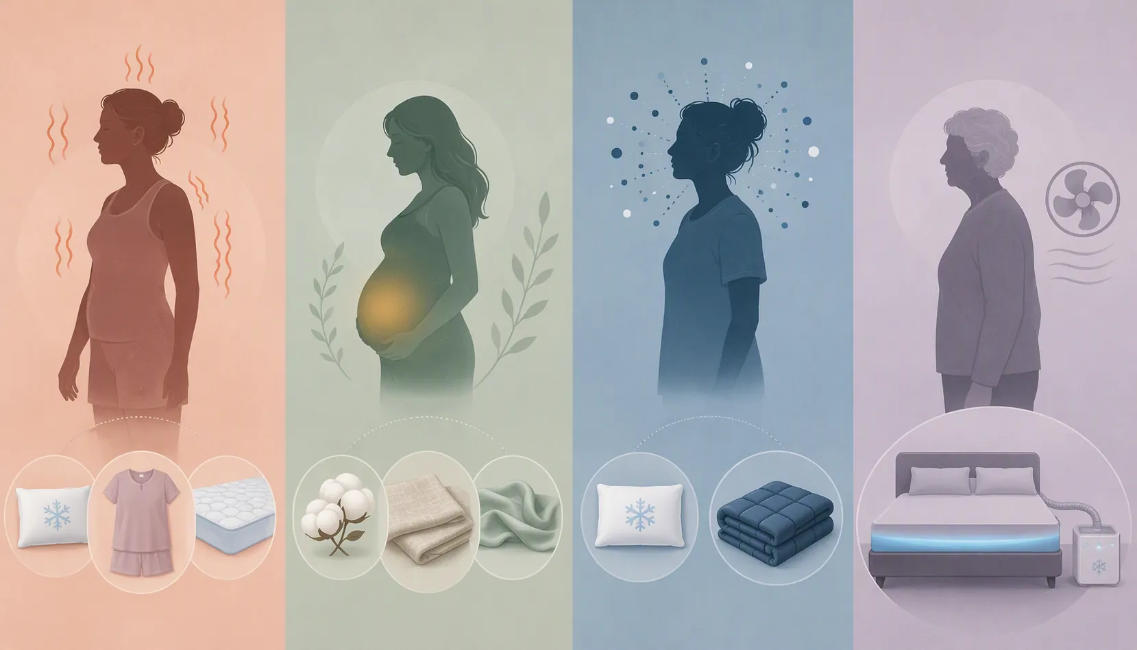 Comparison of cooling sleep product categories for perimenopause, pregnancy, ADHD, and older adulthood