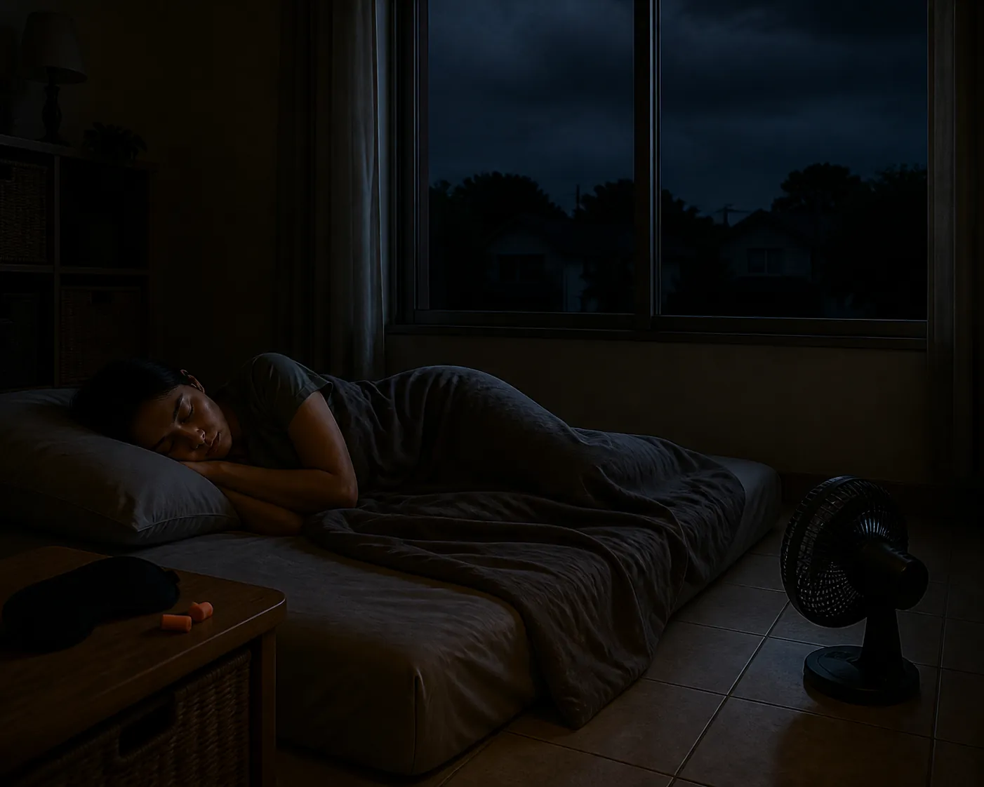 Bedroom arranged for sleep during a nighttime power outage with a lower mattress, battery fan, earplugs, and eye mask