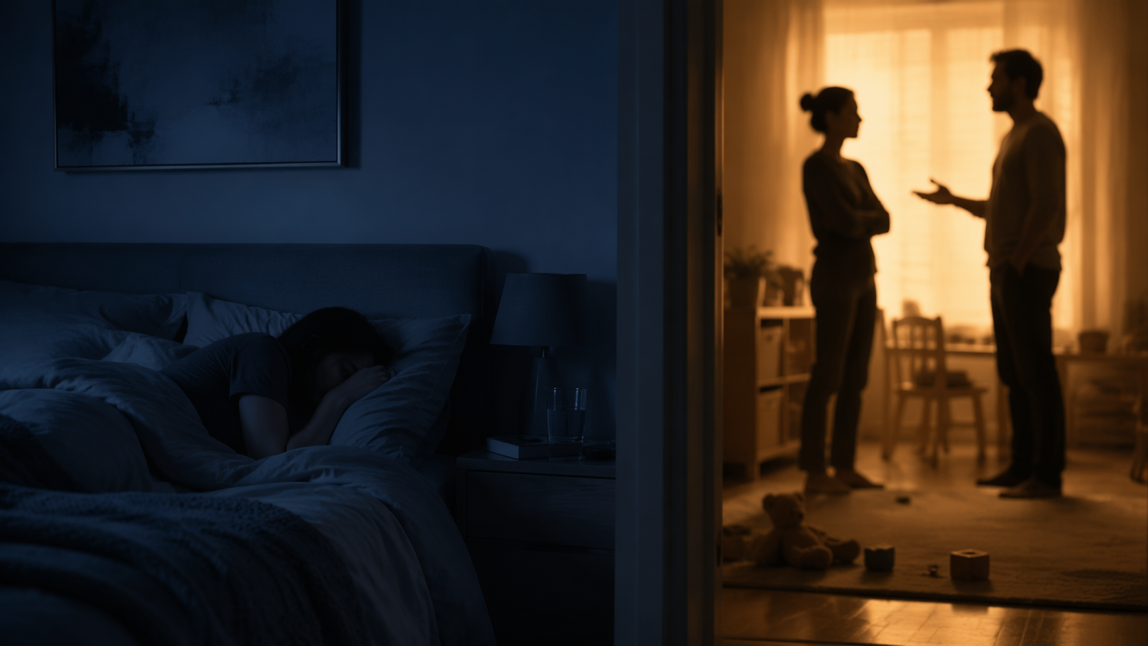 Cinematic editorial bedroom scene showing a sleeping figure beside tense adult silhouettes beyond a doorway, split between cool blue and warm amber tones.