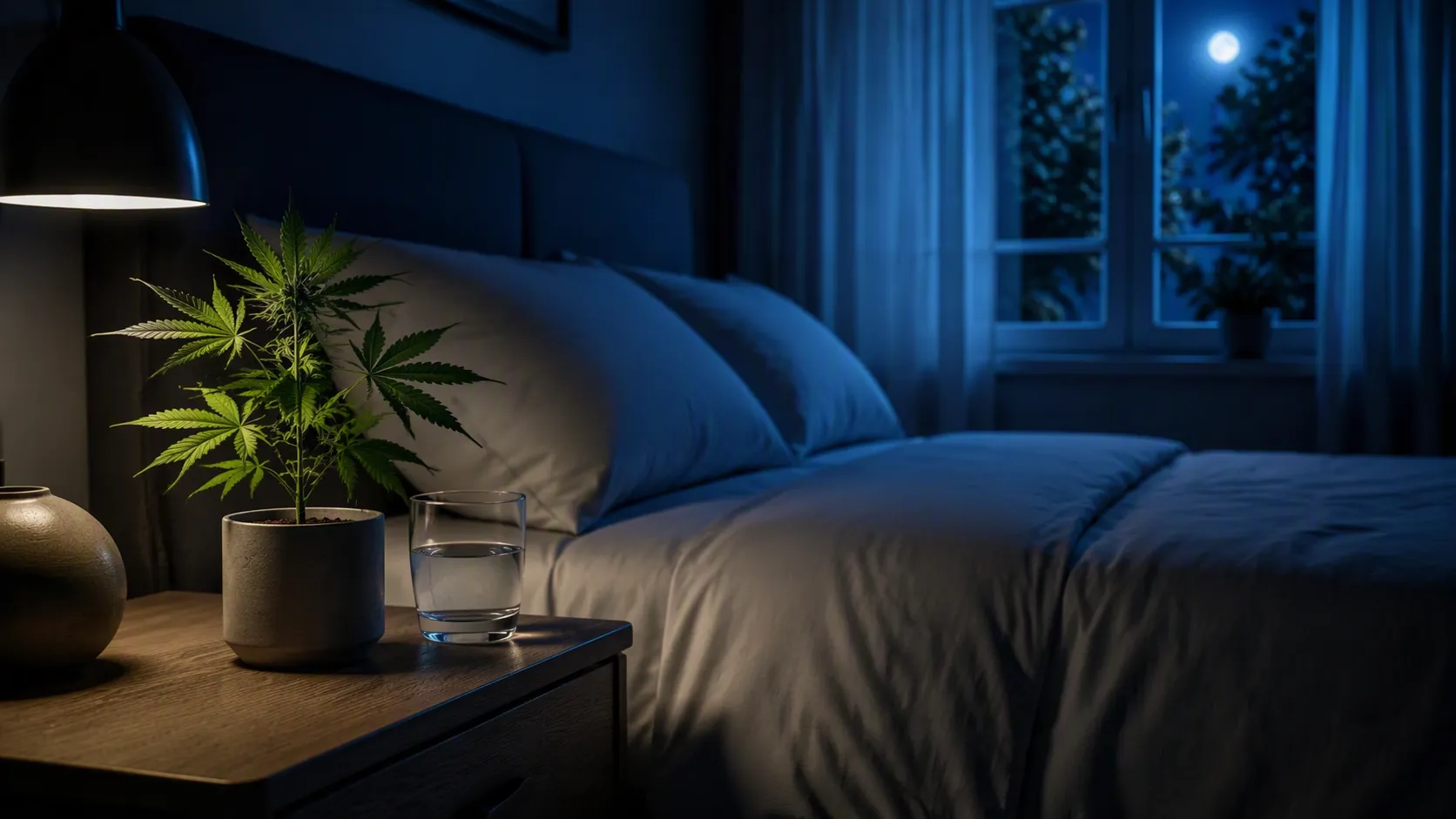 Calm moonlit bedroom with a small cannabis plant on the nightstand