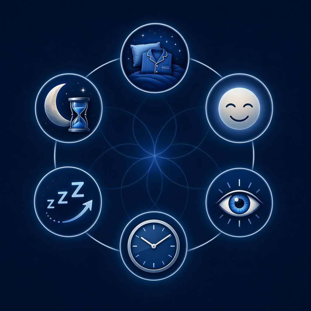 Six connected icons representing behaviors, satisfaction, alertness, timing, efficiency, and duration in pediatric sleep health