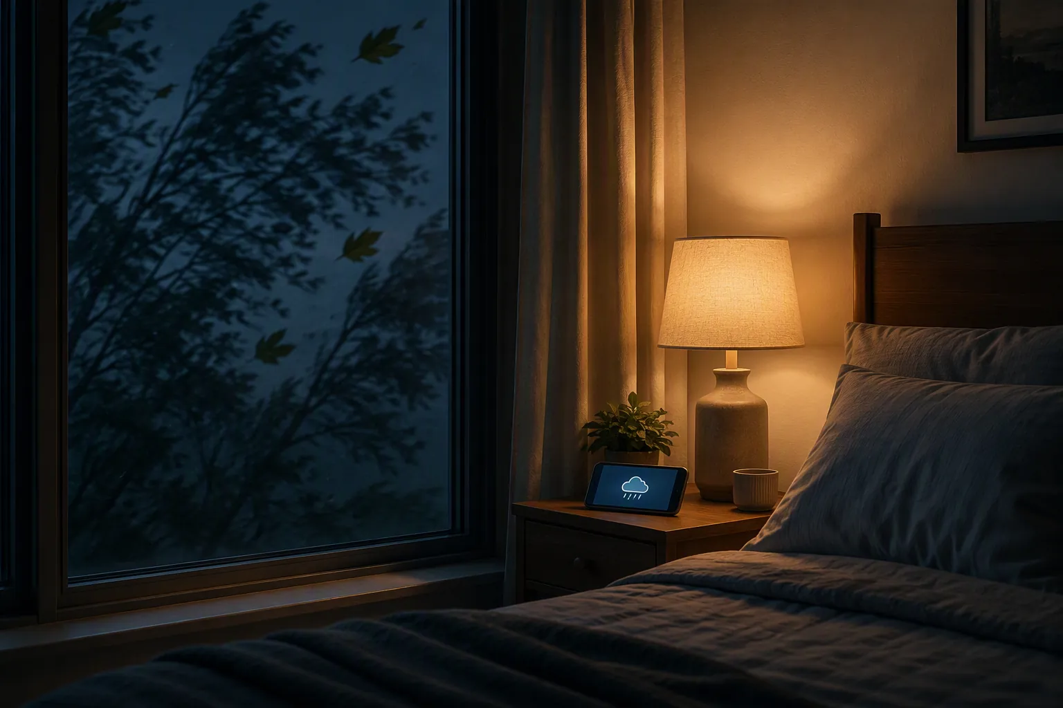 Calm bedroom at night with wind outside and a phone showing a weather alert on the nightstand