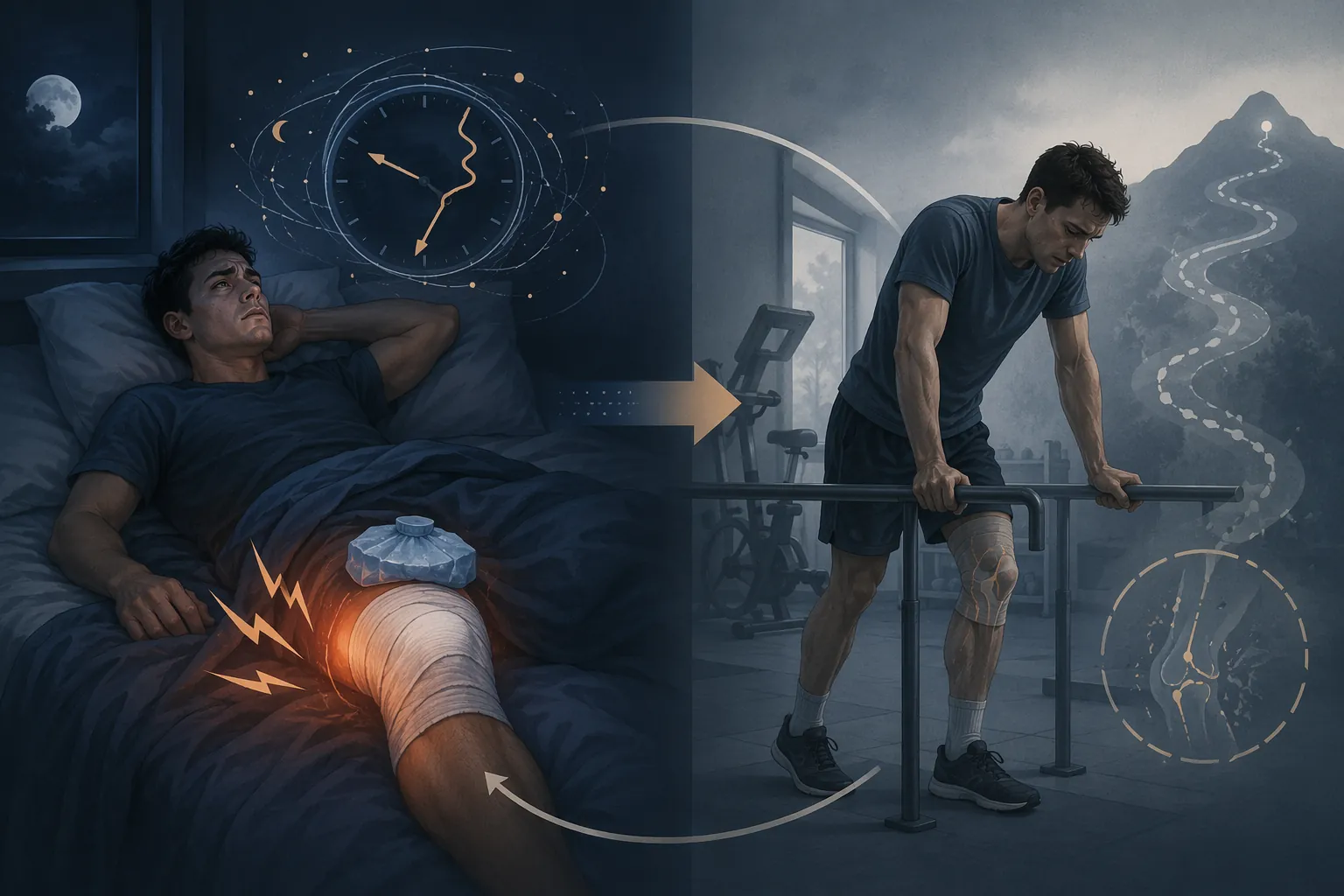 Injured athlete lying awake with pain, inflammation, and disrupted recovery cues