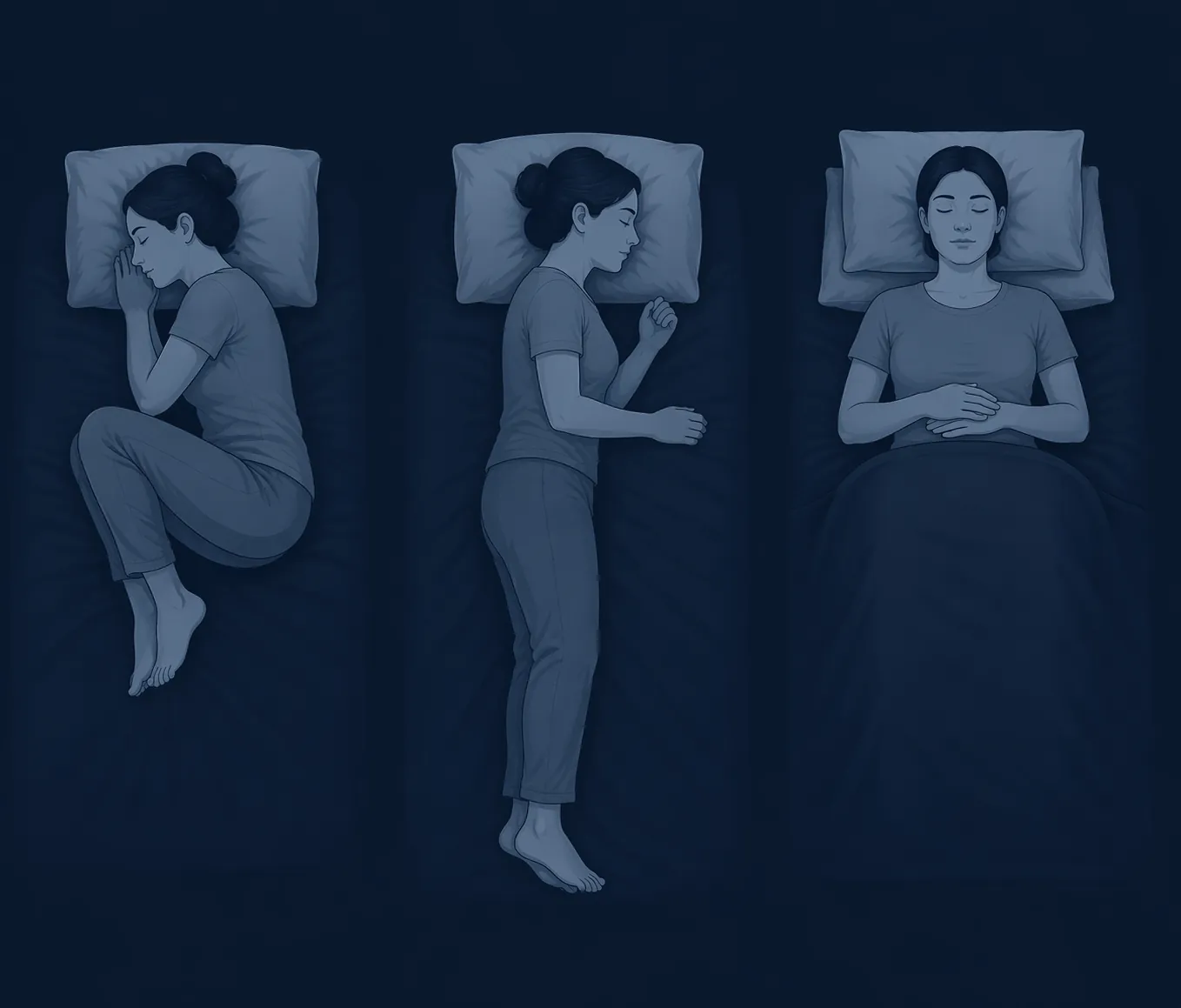 Three sleep-position silhouettes showing left-side sleeping with knees drawn, right-side sleeping, and back sleeping with the head elevated