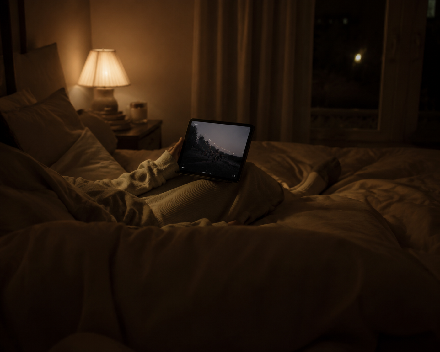 Person watching a softly glowing tablet in a dim bedroom with warm amber light