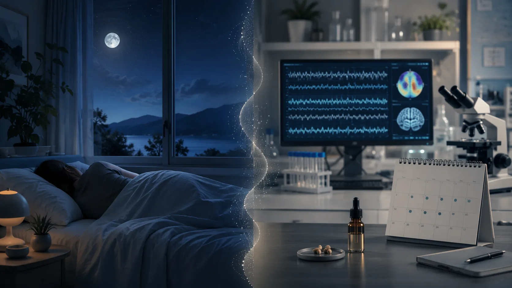 Split composition showing a calm bedroom beside clinical research equipment and sleep-tracking lines
