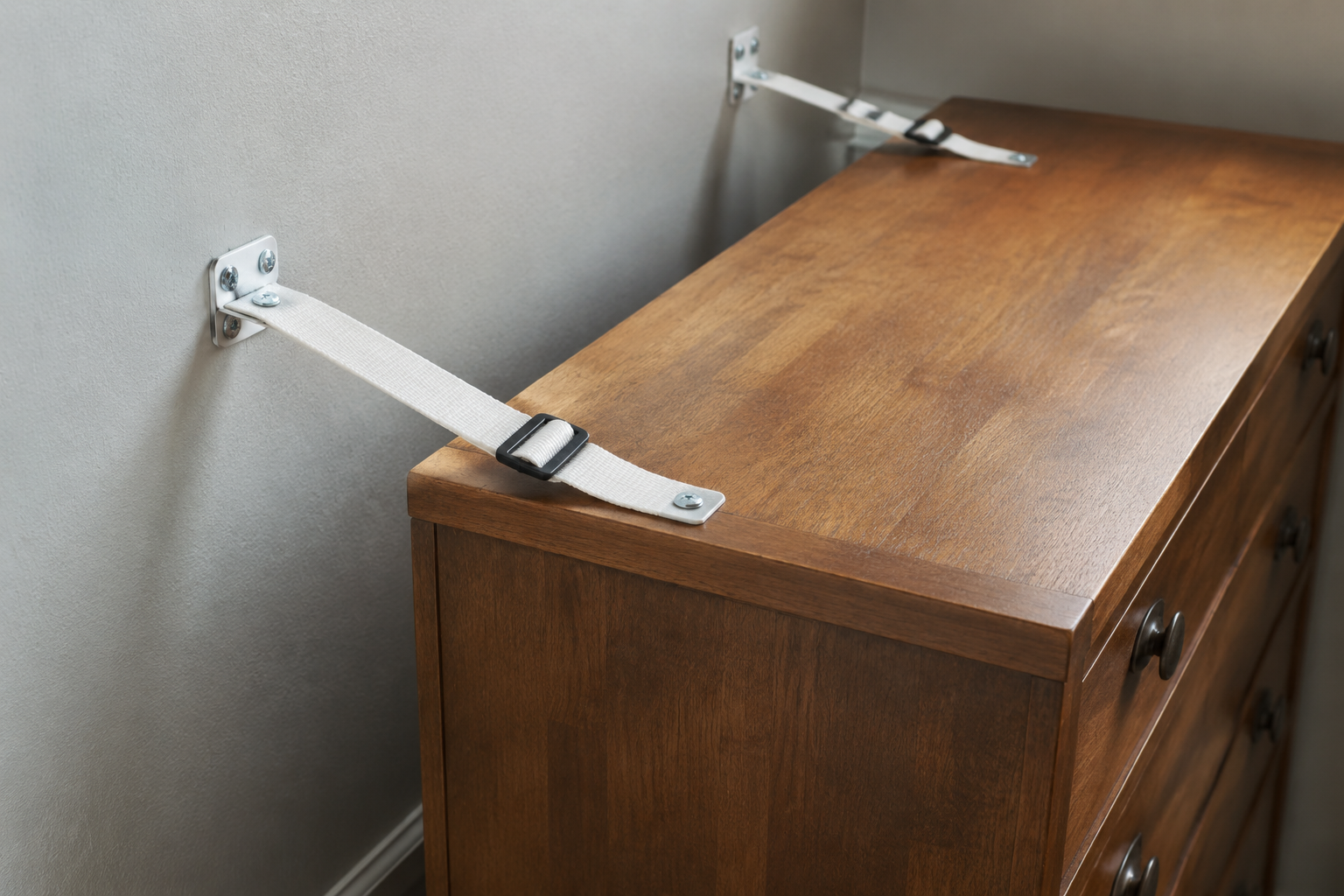 Dresser secured to a wall with fabric anchor straps attached to wall studs