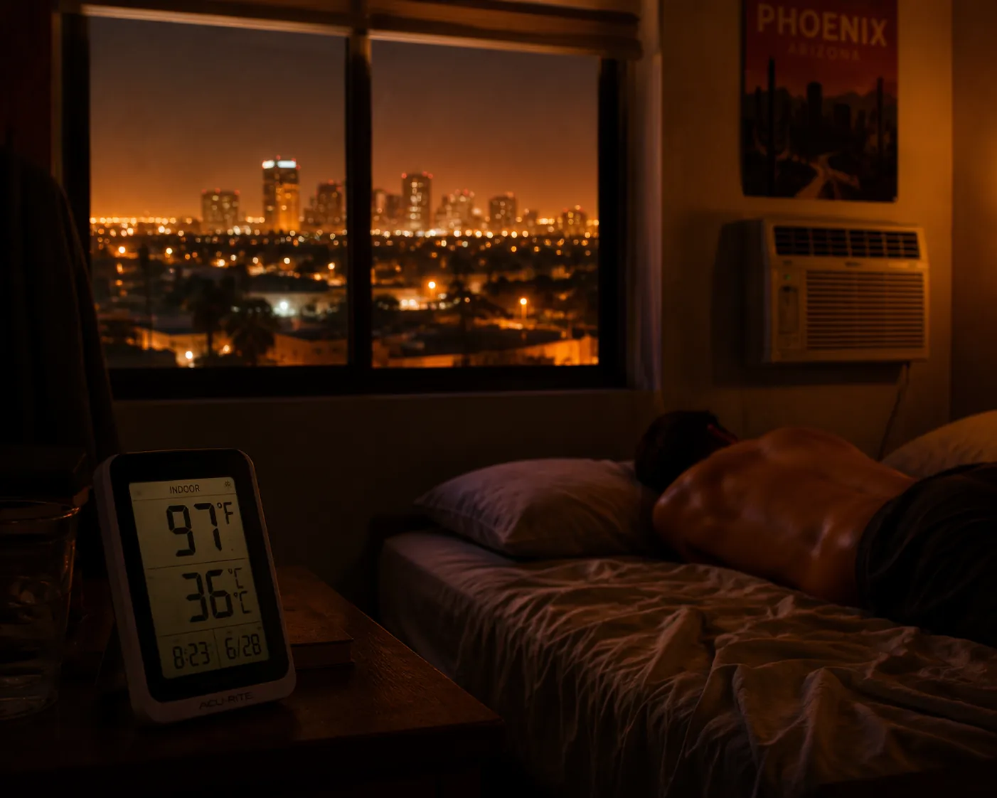 Nightstand thermometer reading 97°F beside a bed with Phoenix lights outside the window
