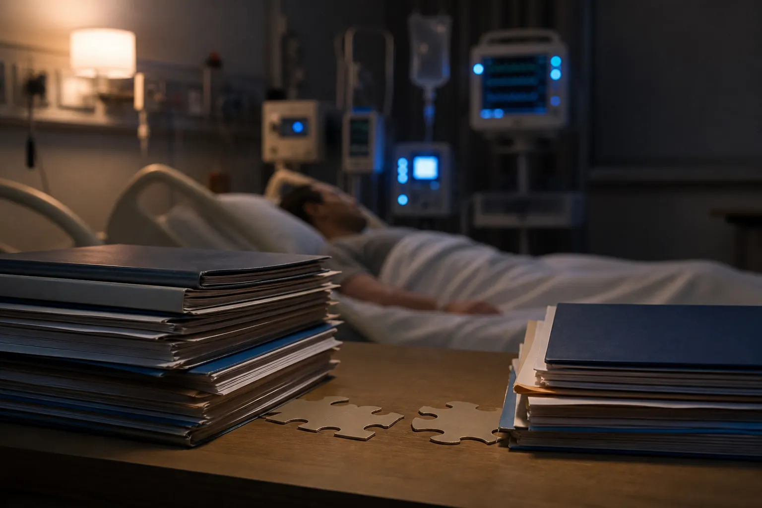 Dimly lit hospital patient room at night with research folders beside a sleeping patient