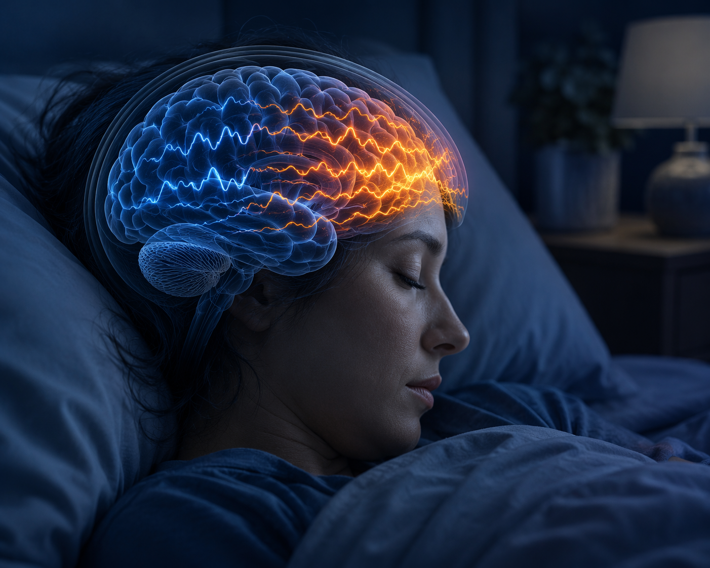 A sleeping person with a brain visualization showing alpha activity intruding into deep delta sleep