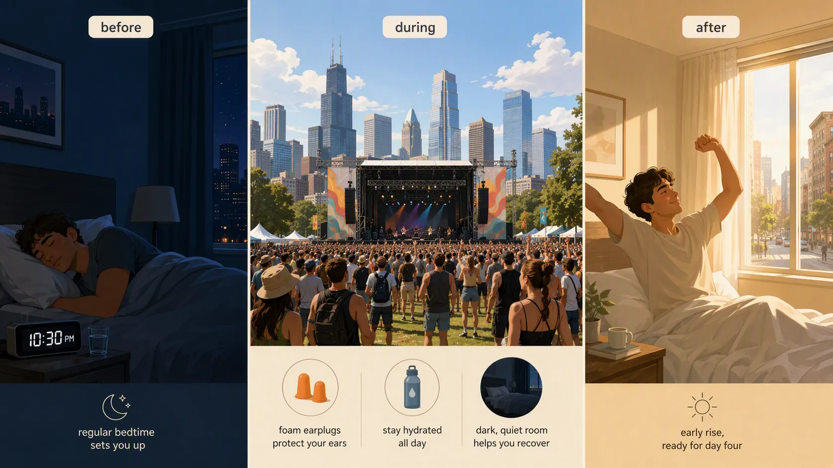 Three-panel illustration of a Lollapalooza sleep plan with a hotel bedroom, festival crowd essentials, and morning light