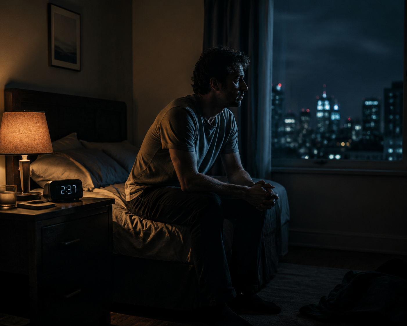 Person sitting awake on the edge of a bed after 2 AM with city lights outside
