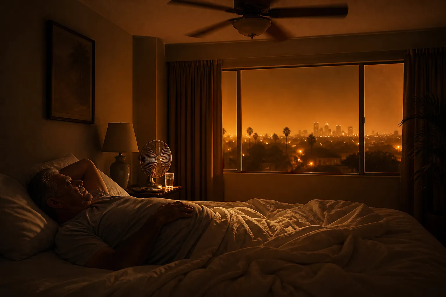 Older adult trying to sleep in a hot Southern California bedroom during a heat wave