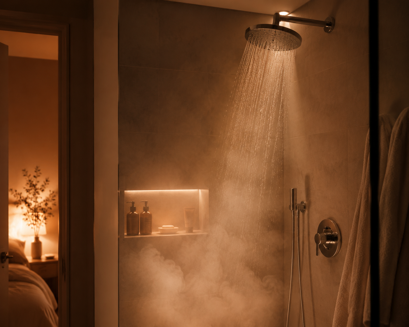 Warm softly lit bathroom at night with steam rising from a shower stream