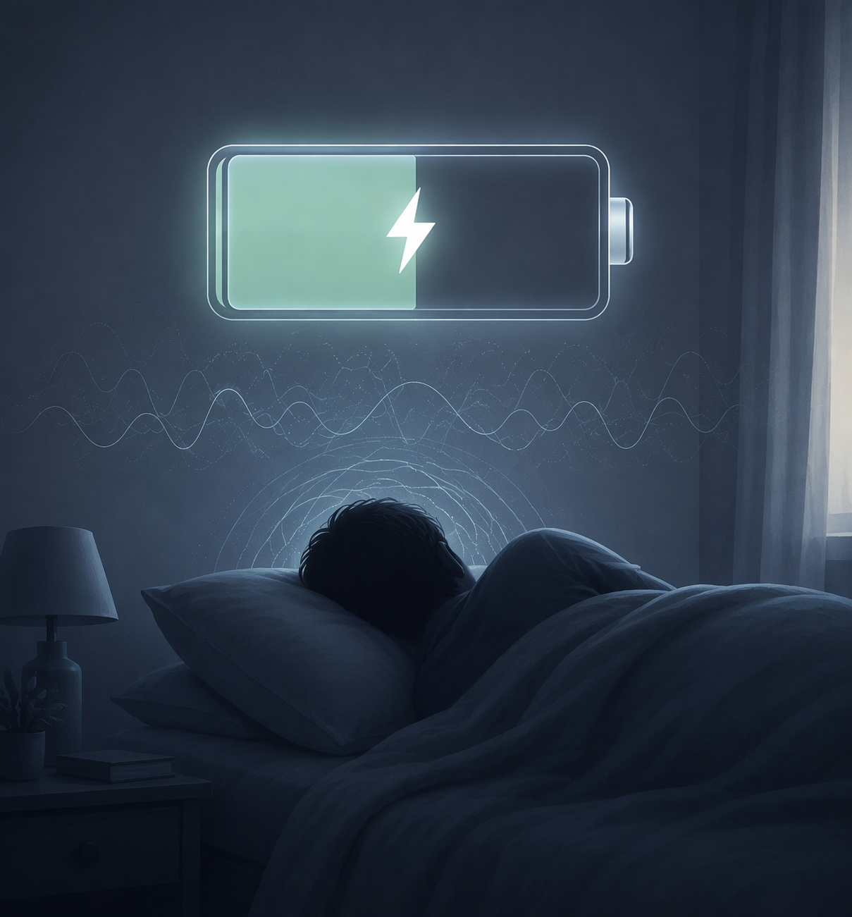Editorial illustration of a battery stuck at 50 percent beside a sleeping person, suggesting non-restorative sleep
