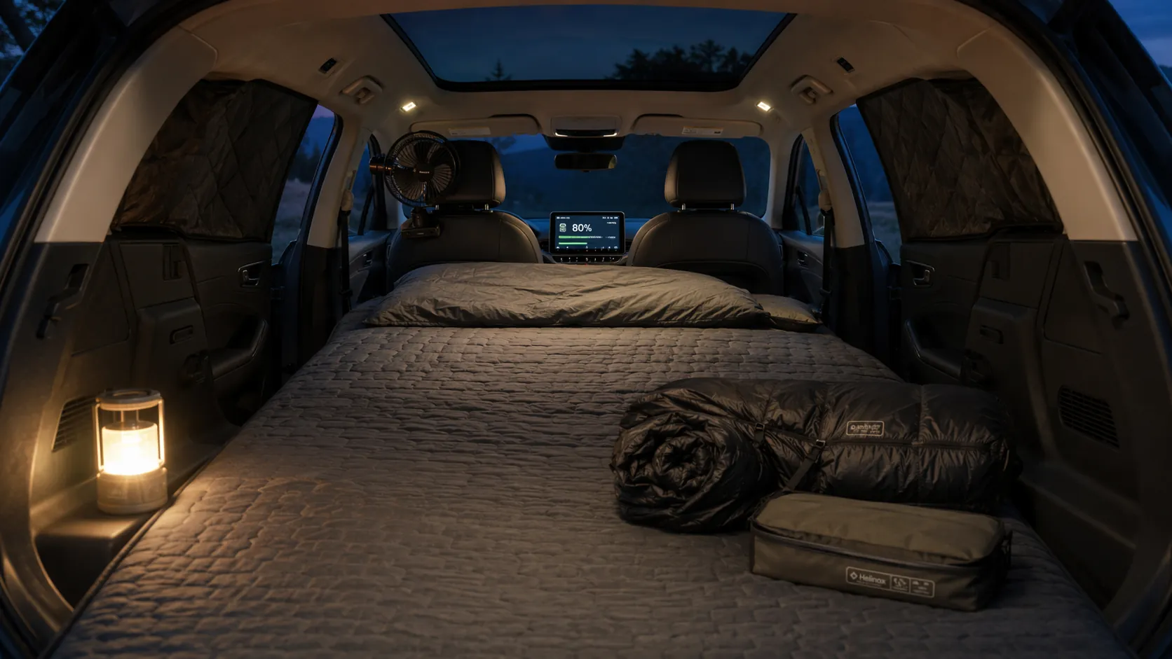 Electric vehicle sleep setup with fitted mattress, privacy covers, clipped fan, lantern light, and battery display