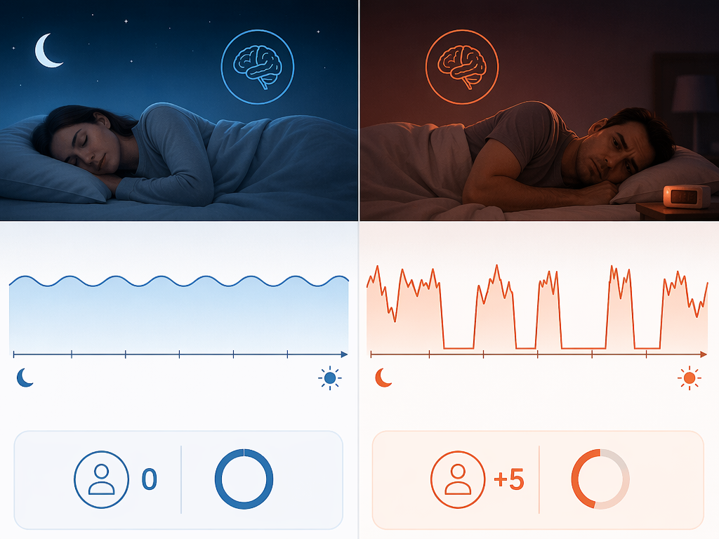 Side-by-side clinical comparison of sleep continuity: a smooth unbroken blue wave on the left representing uninterrupted sleep with high efficiency, and a fragmented orange jagged line with multiple gaps on the right representing poor sleep continuity with frequent awakenings.