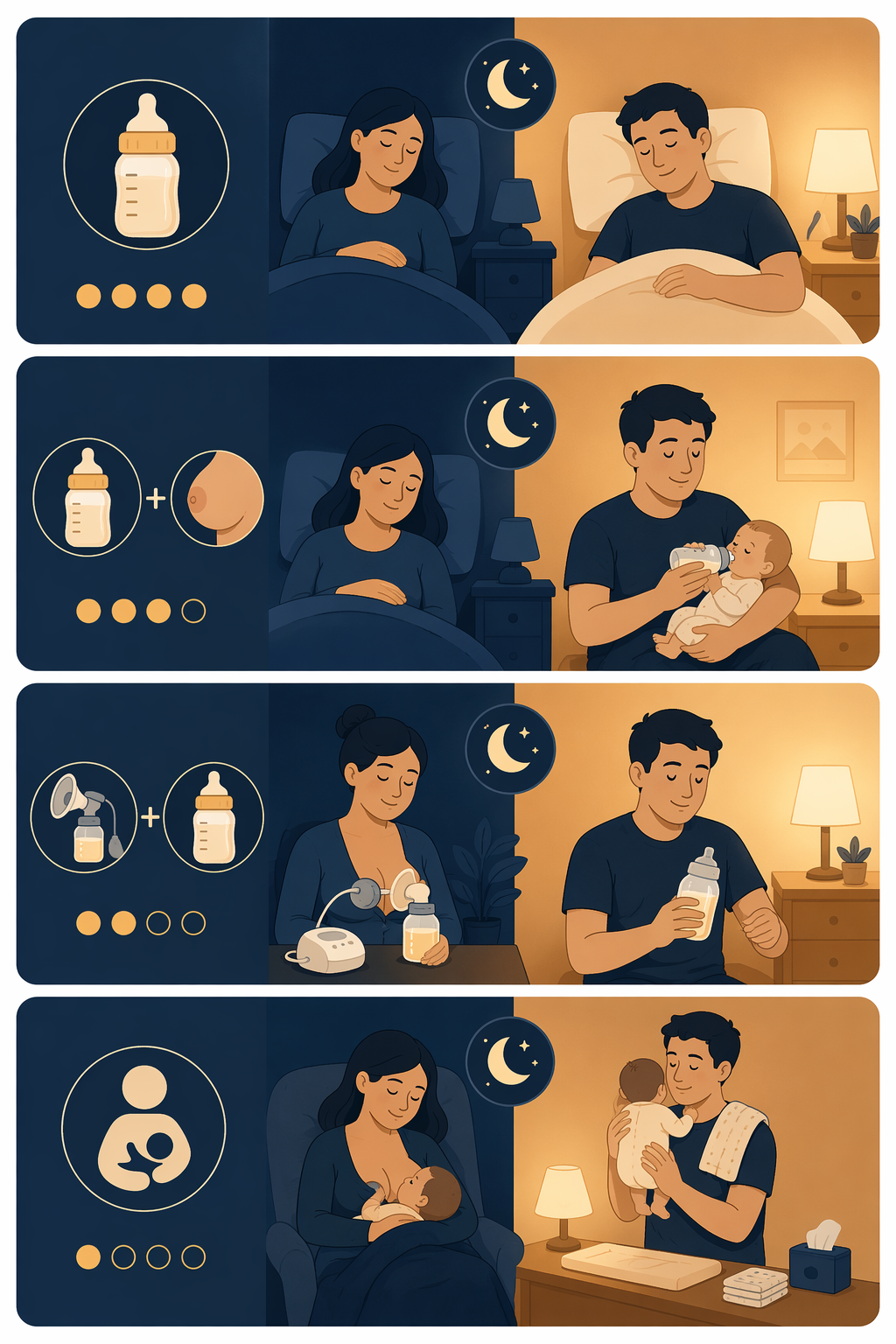 Four-panel comparison of formula feeding, combo feeding, exclusive pumping, and exclusive breastfeeding night duties