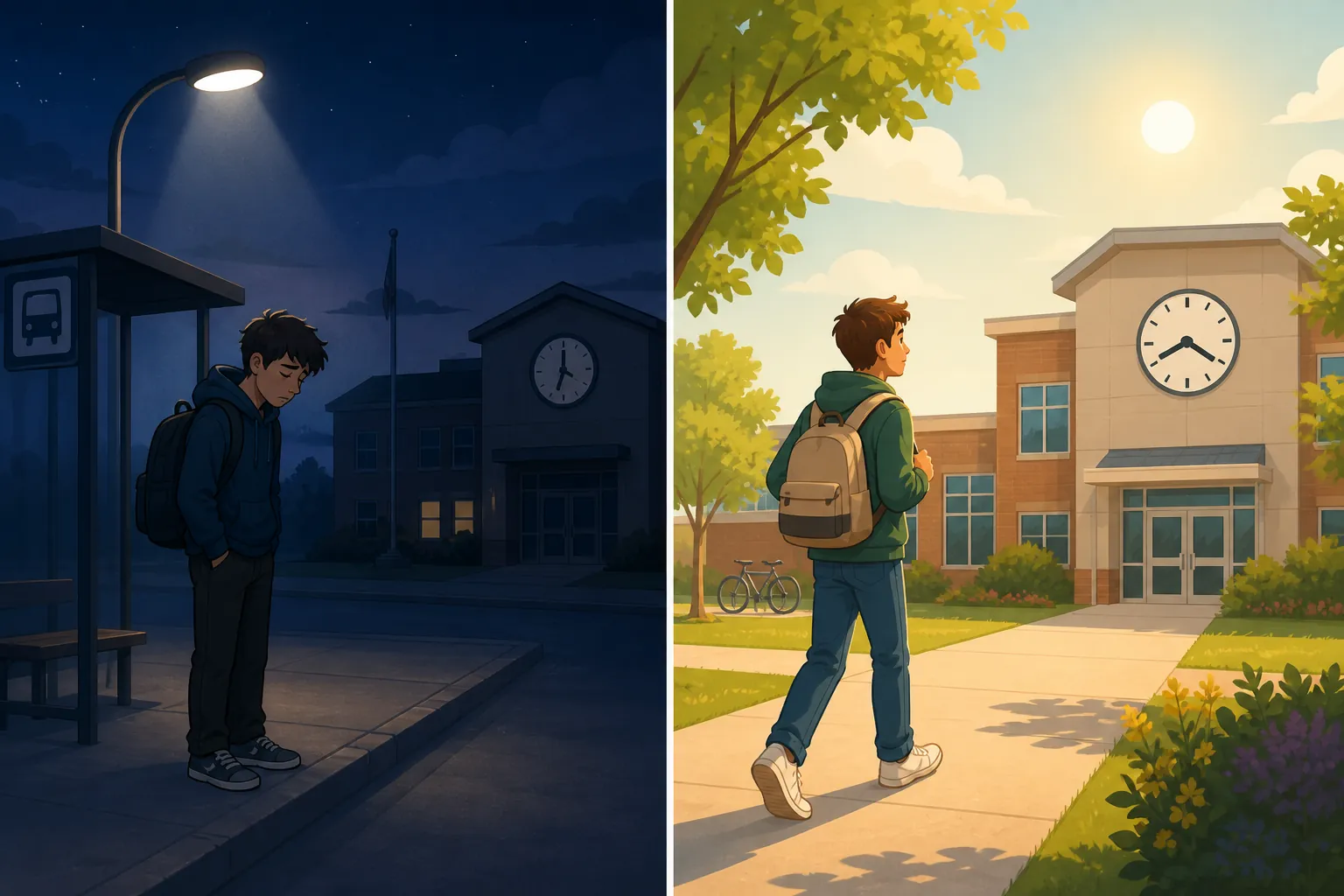 A split scene contrasts a dark early bus stop with a tired student and a brighter later school morning with a more alert student