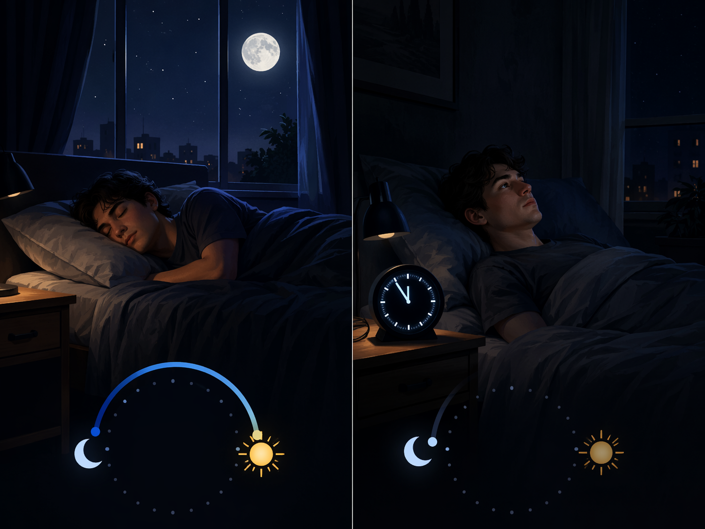 Illustration of sleeping well on a late schedule but lying awake at a conventional bedtime