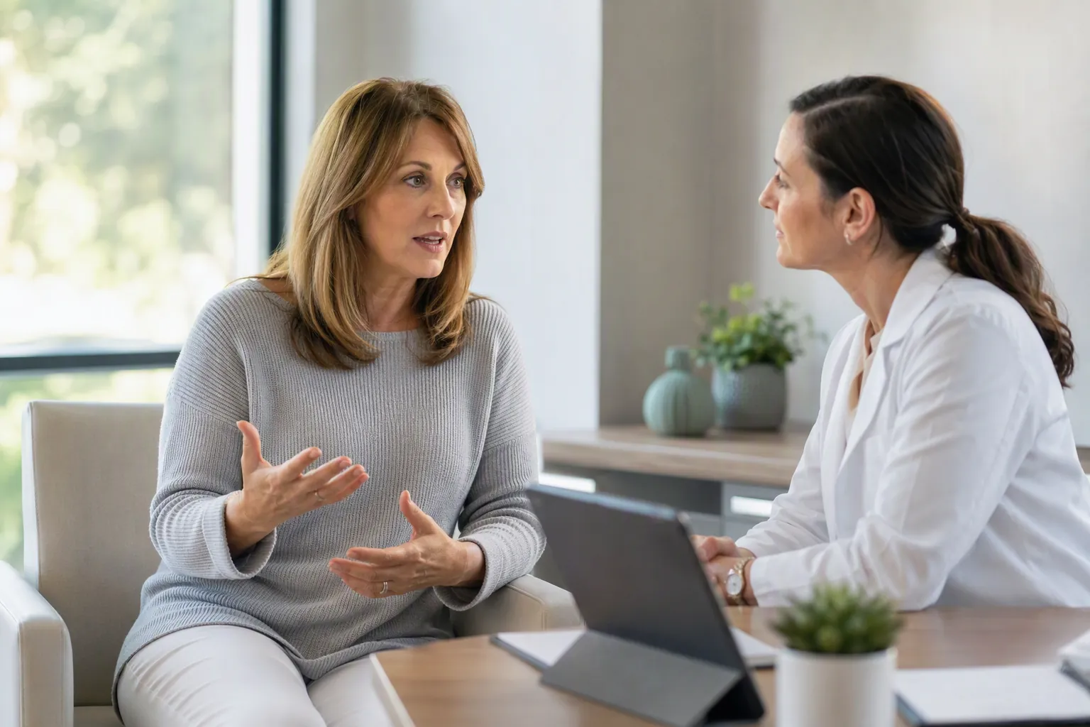 A midlife woman discussing sleep problems with a clinician in a bright medical office