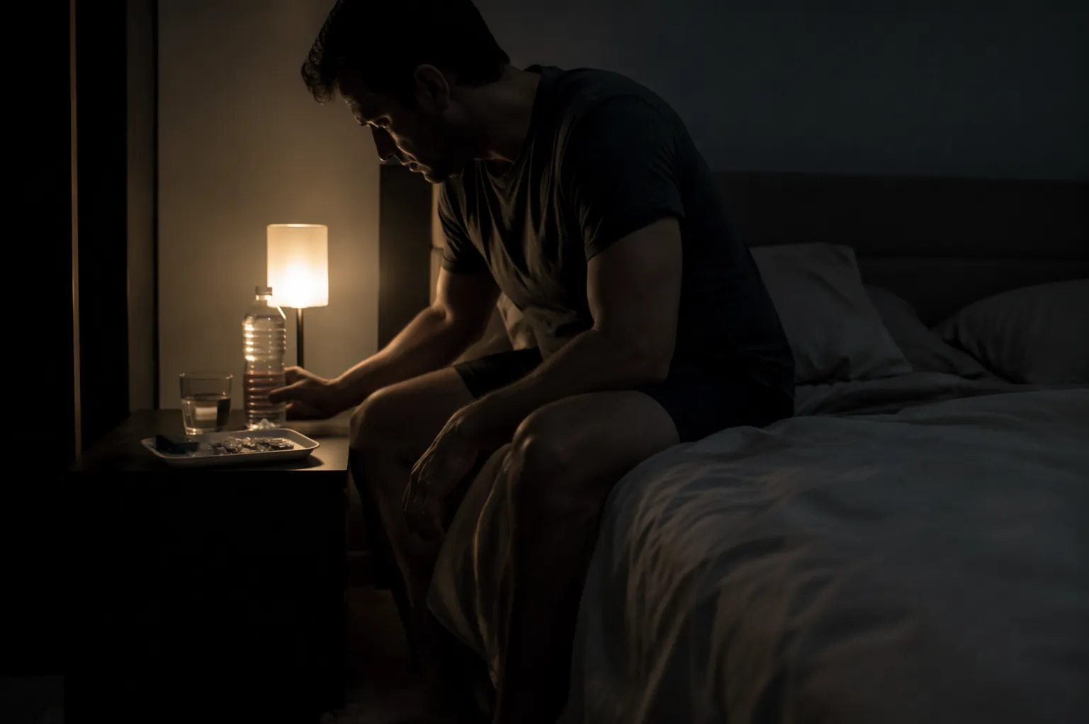 Dimly lit bedroom at night with water and supplies on a nightstand beside a tired person sitting on the bed