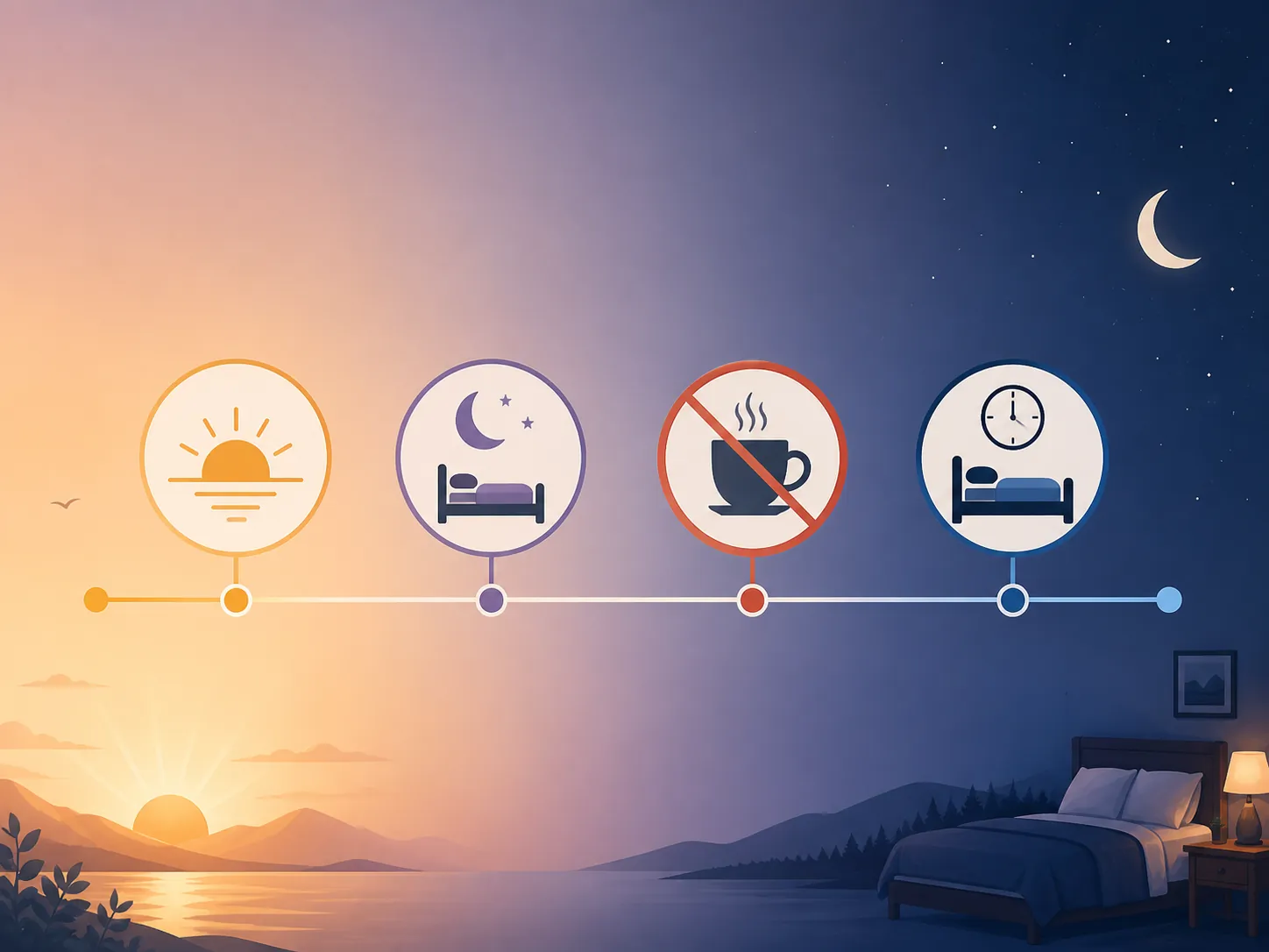 A dawn-to-evening sleep recovery timeline with morning light, nap, caffeine cutoff, and normal bedtime