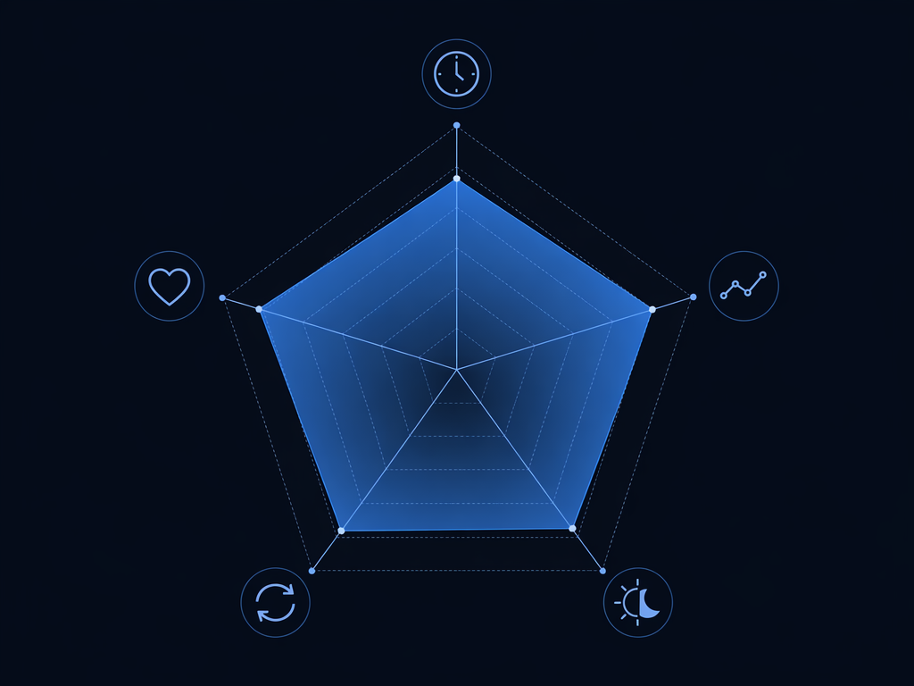 A dark-background pentagon radar-chart diagram with five evenly spaced axes radiating from the center, each terminating in a minimalist icon for duration, continuity, timing, regularity, and satisfaction, with a balanced blue gradient fill suggesting a healthy sleep profile.