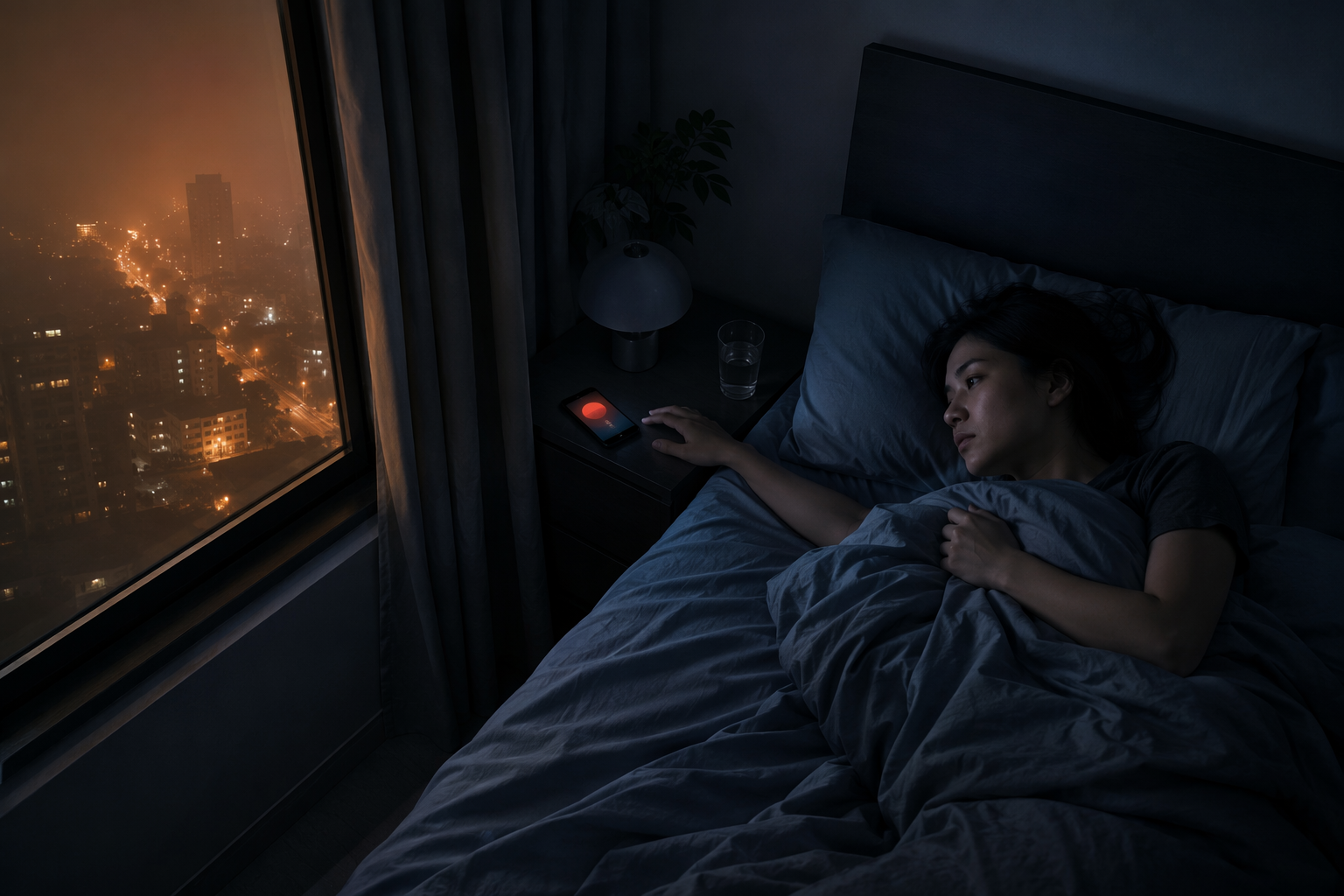 A restless person in bed beside a phone showing an air quality alert while polluted city haze glows outside the window