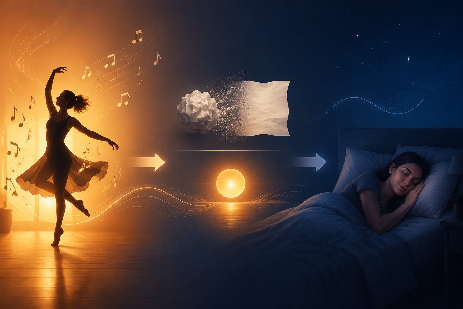 Illustration of dancing, reduced tension, improved mood, and sleep connected in a left-to-right flow