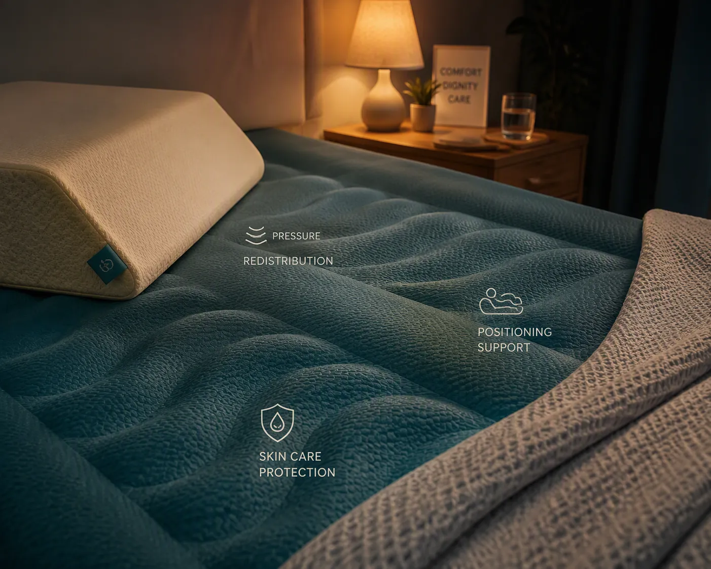 Pressure-relief mattress surface with foam positioning wedge and blanket under dim light