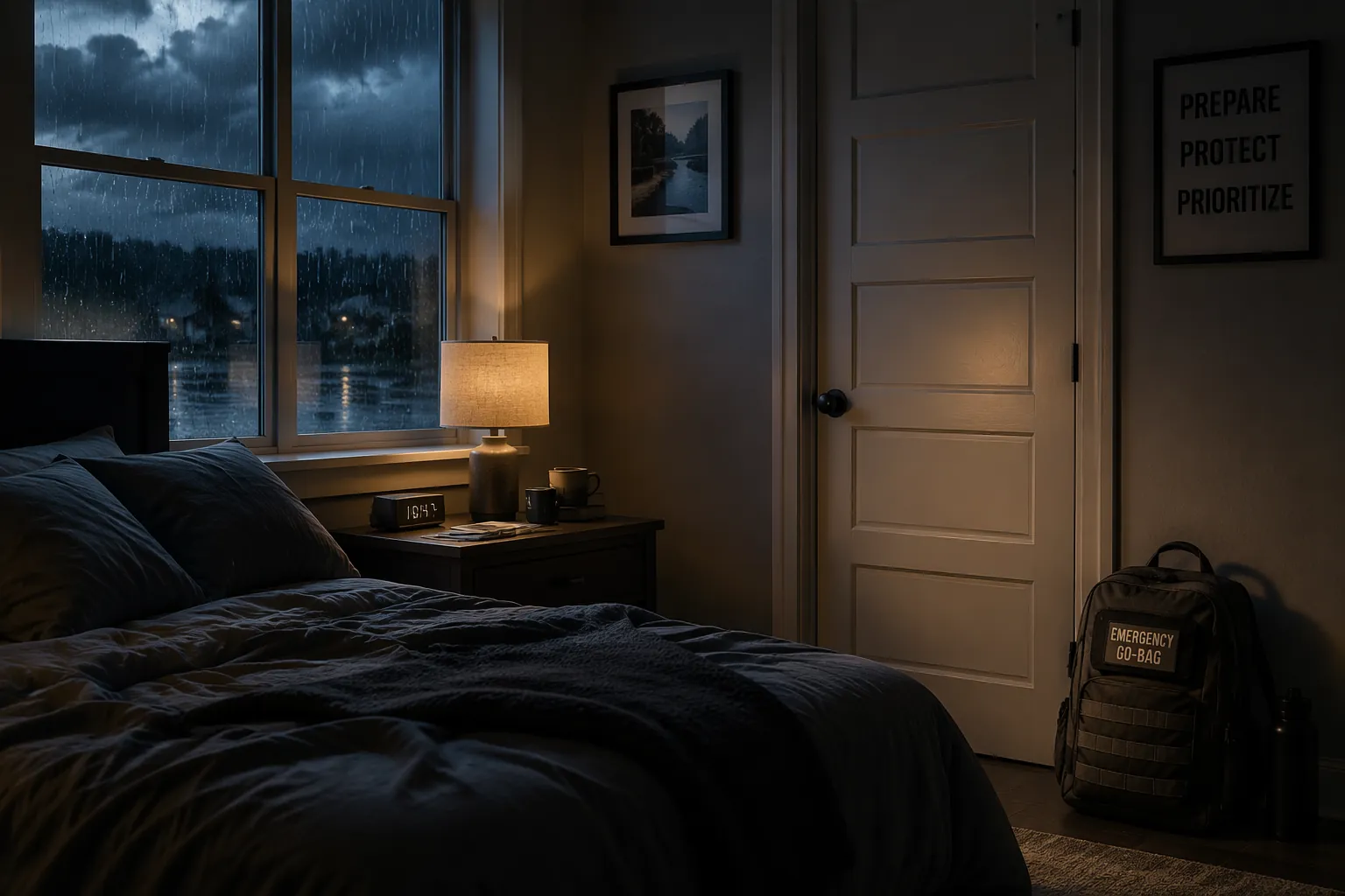 Dim bedroom at night with rain at the window and an emergency go-bag near the door