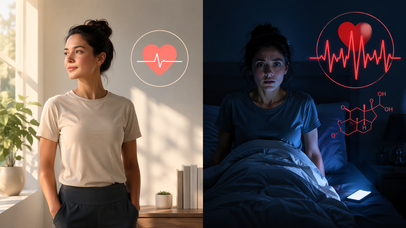 A split visual comparing a modest daytime pulse response with a stronger nighttime heart rate and cortisol response