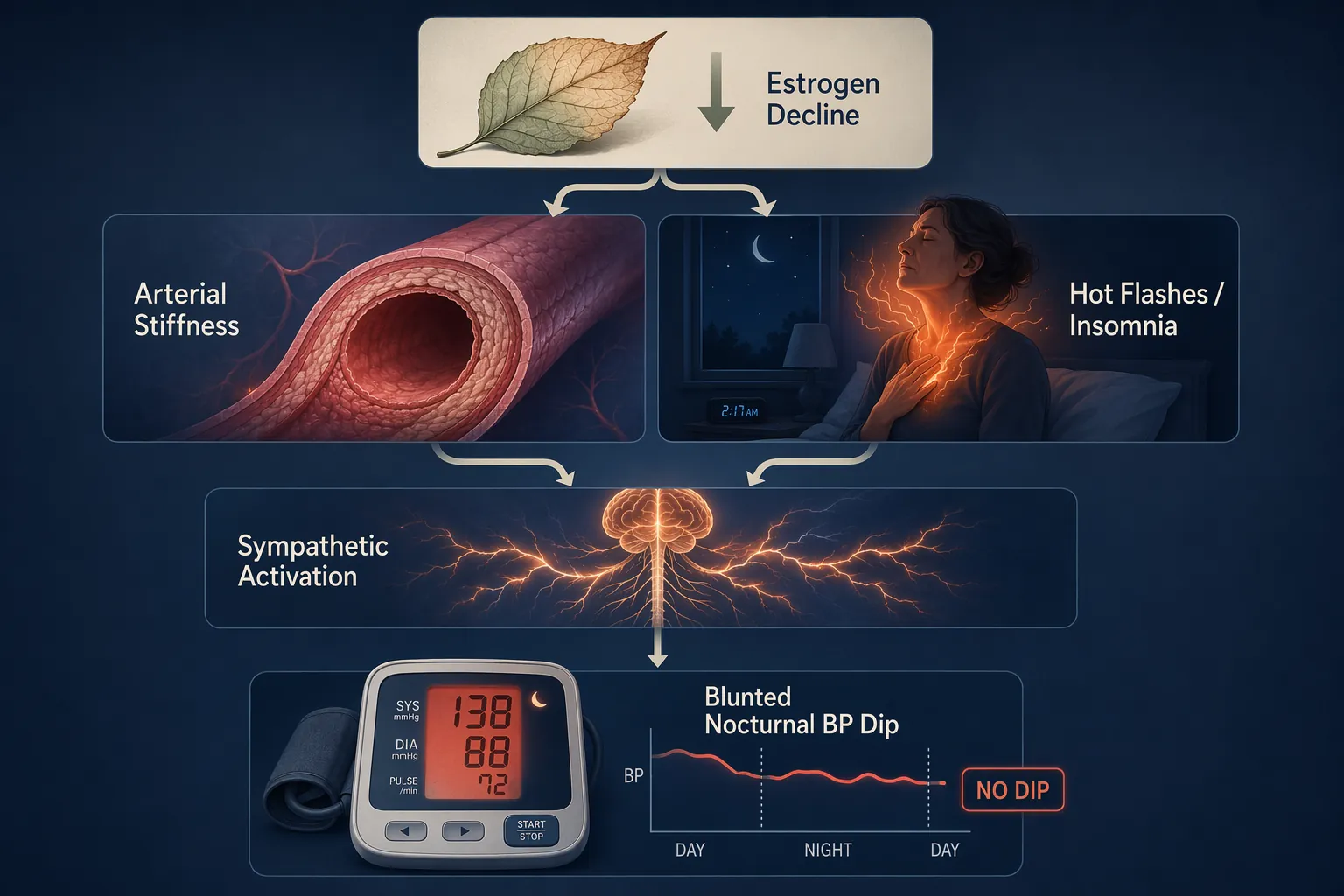 Cascade showing estrogen decline, arterial stiffness, hot-flash insomnia, sympathetic activation, and a blunted nocturnal blood pressure dip