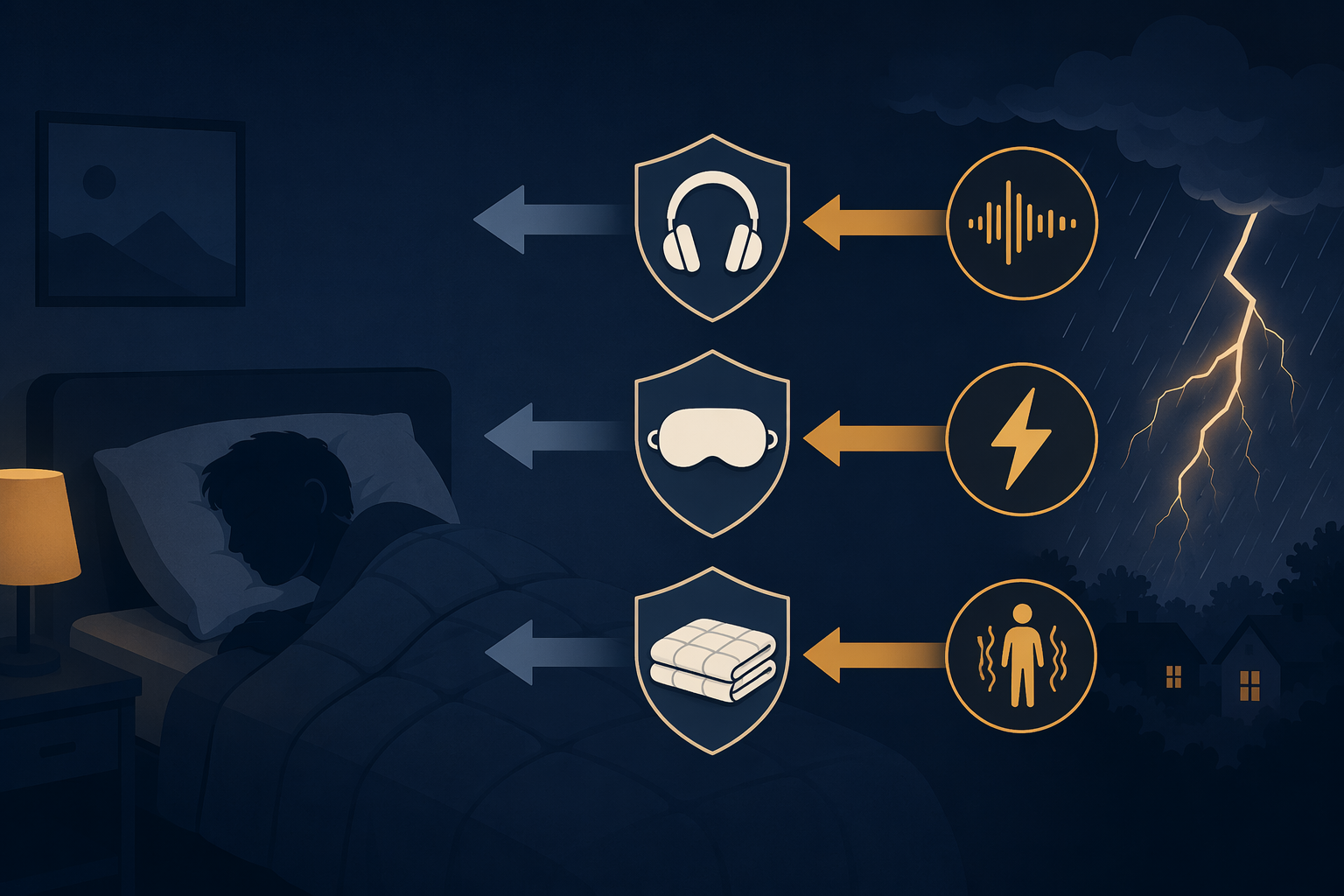Illustration of thunderstorm sleep disruptions from sound, lightning, and body tension being matched with noise masking, a sleep mask, and a weighted blanket