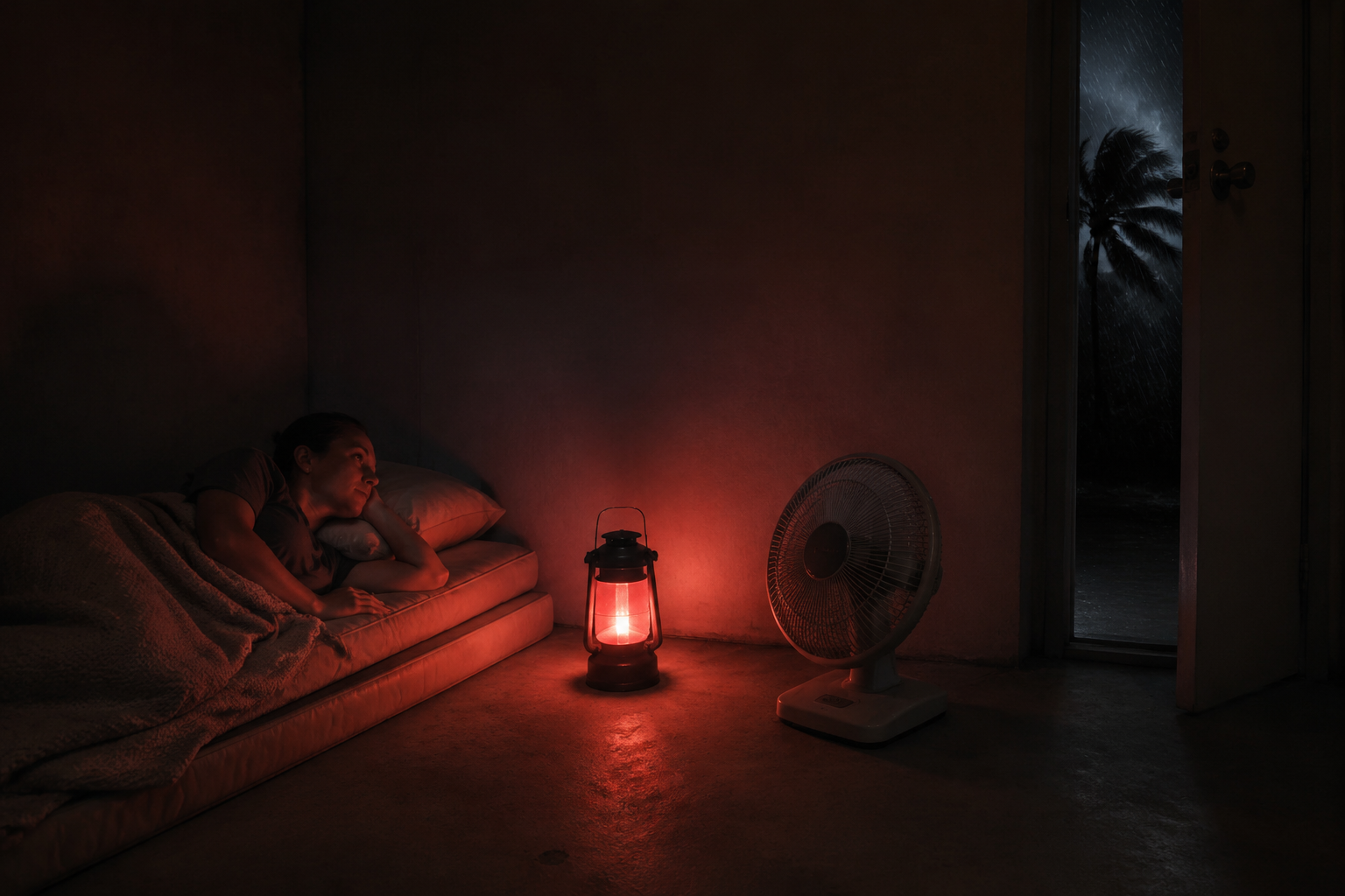 A person resting on a floor mattress in a dim, windowless safe room during a tropical storm with a red-filtered lantern and a battery-operated fan nearby.