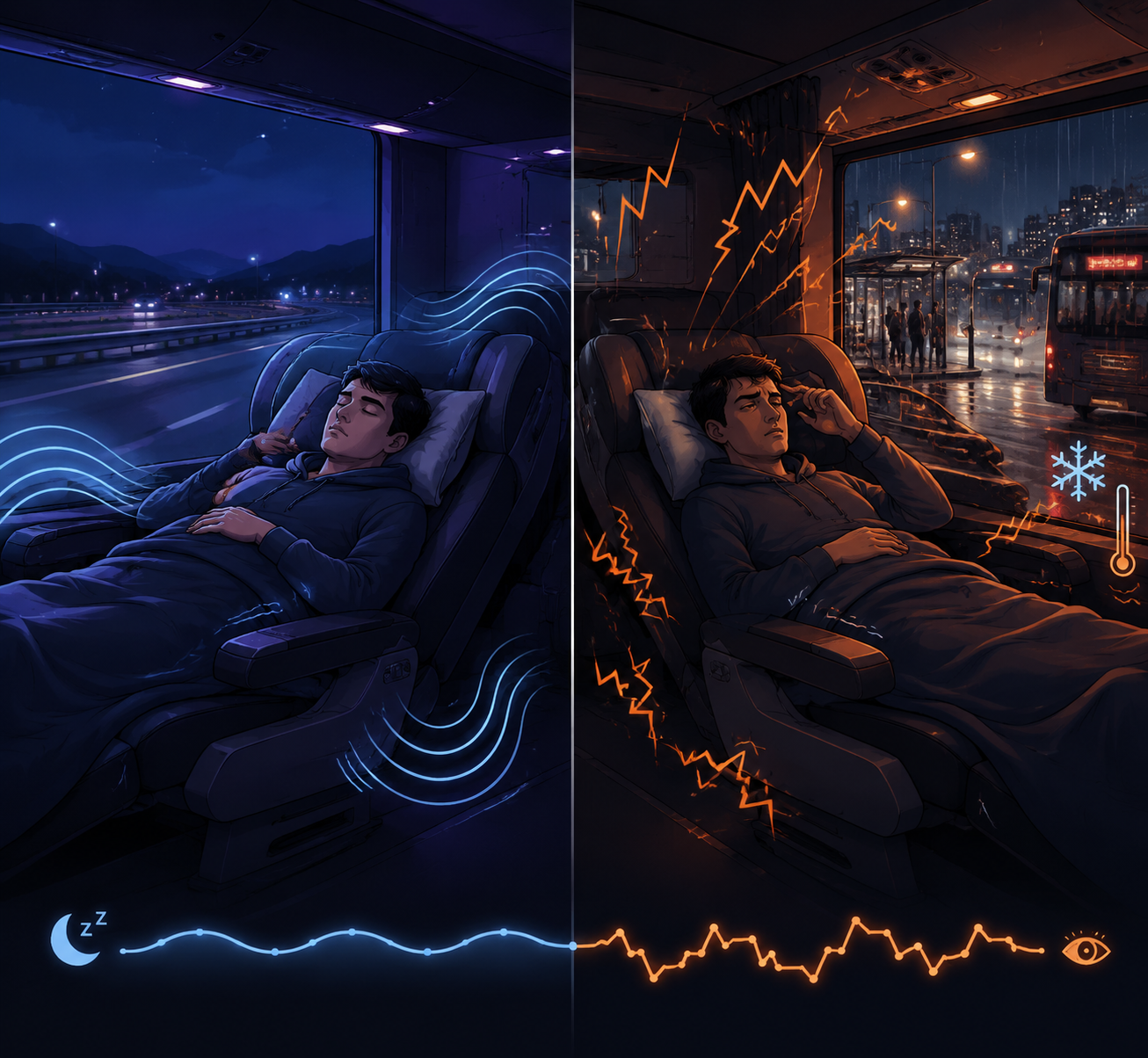 Illustration contrasting peaceful bus sleep from gentle motion with disrupted sleep from stops and temperature swings