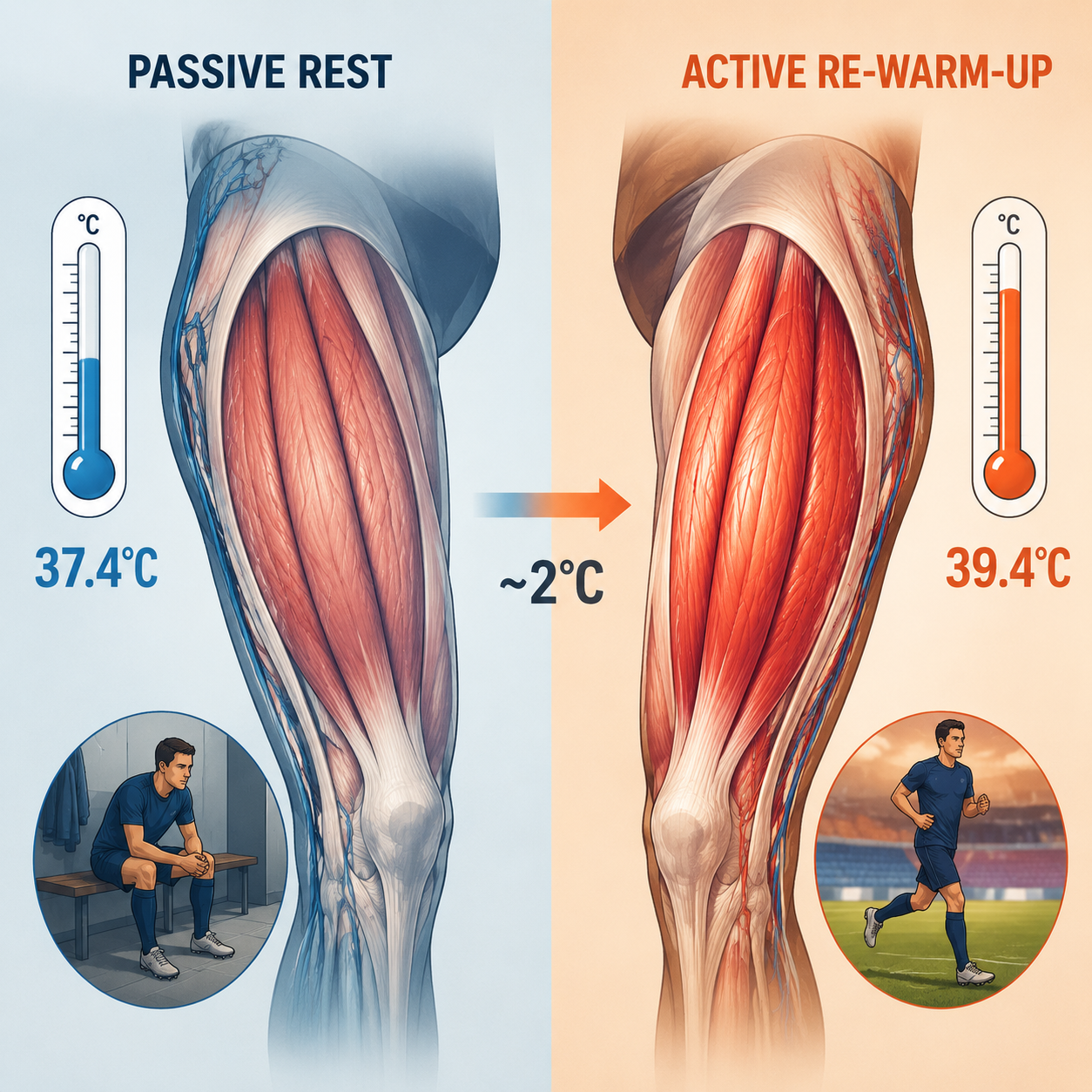 Comparison of passive rest cooling quadriceps muscle and active re-warm-up preserving muscle temperature