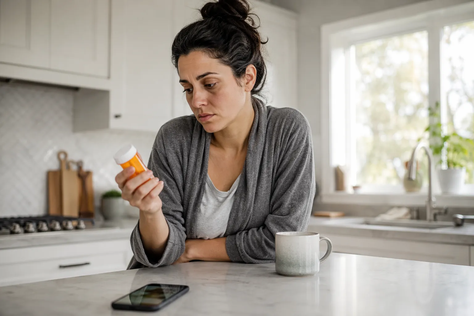 Tired person at a kitchen counter checking an orange prescription pill bottle with a phone nearby
