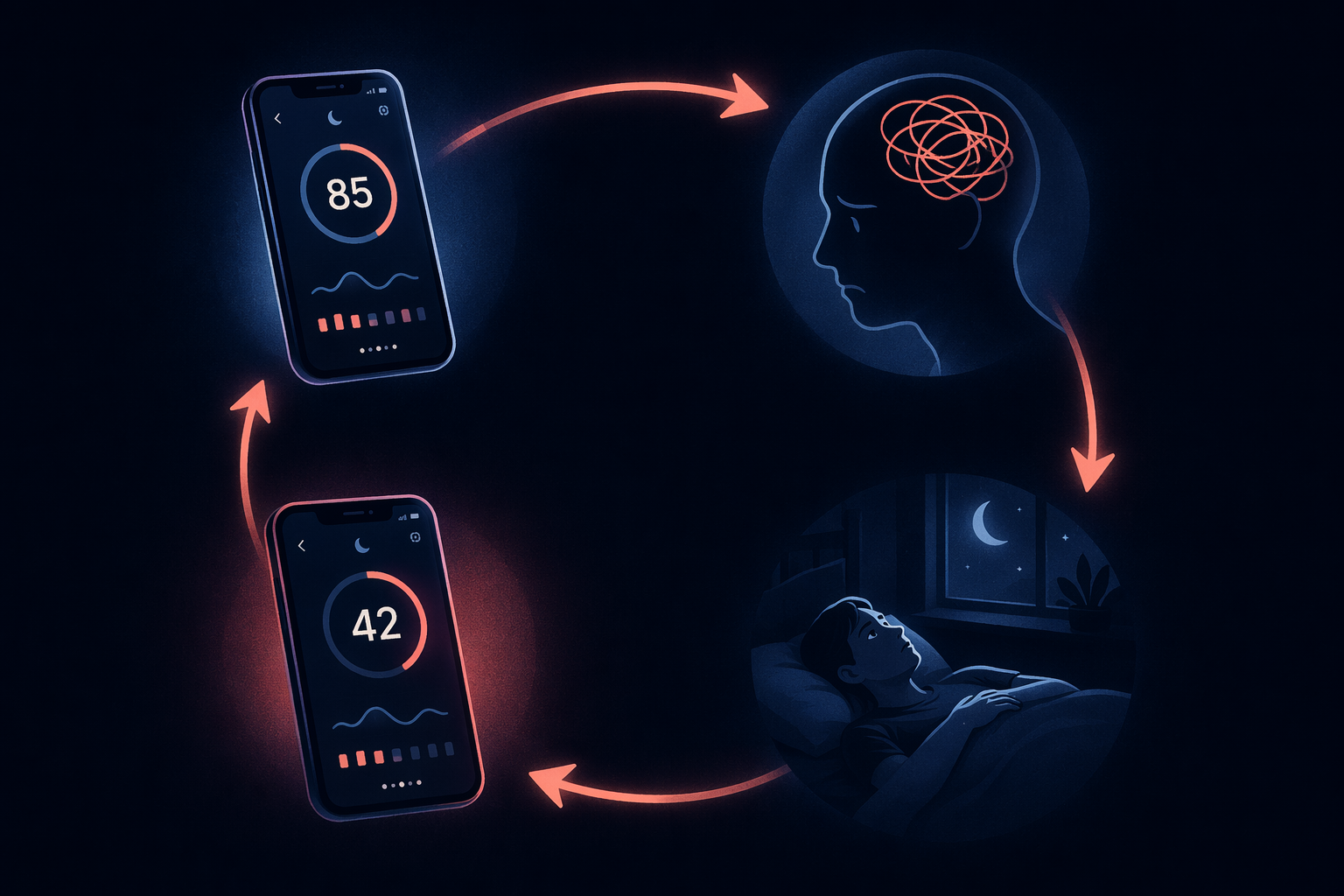 Editorial illustration of an orthosomnia feedback loop connecting sleep score data, worry, lying awake, and worse scores