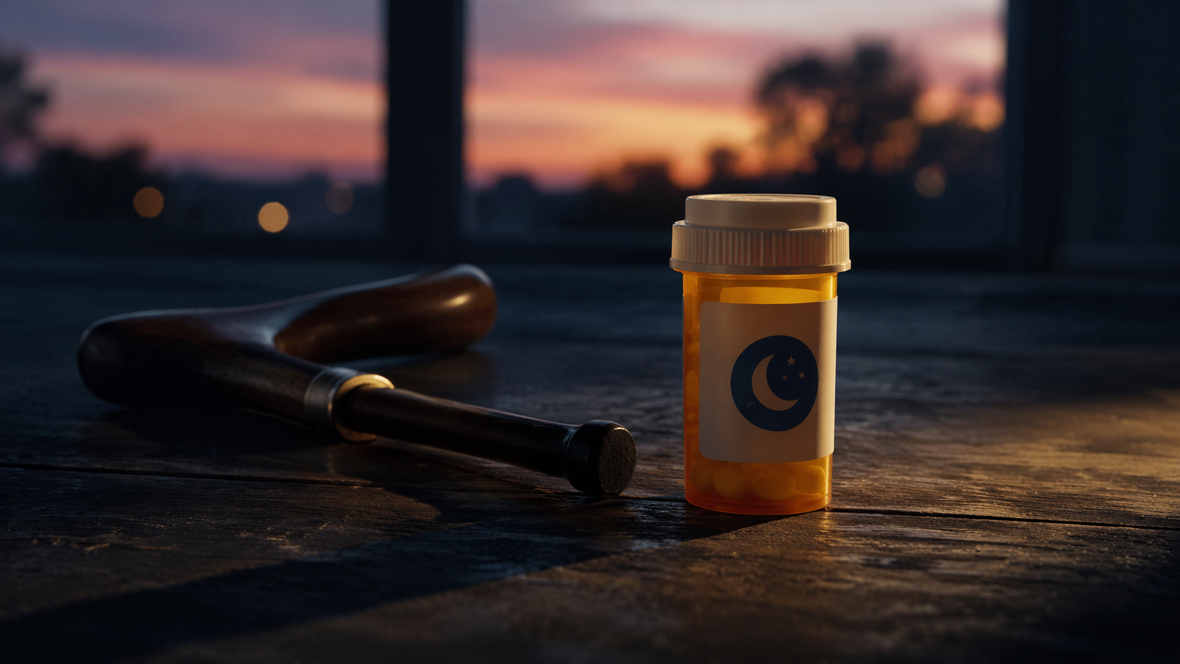 Prescription sleep medication bottle beside a fallen cane at dusk
