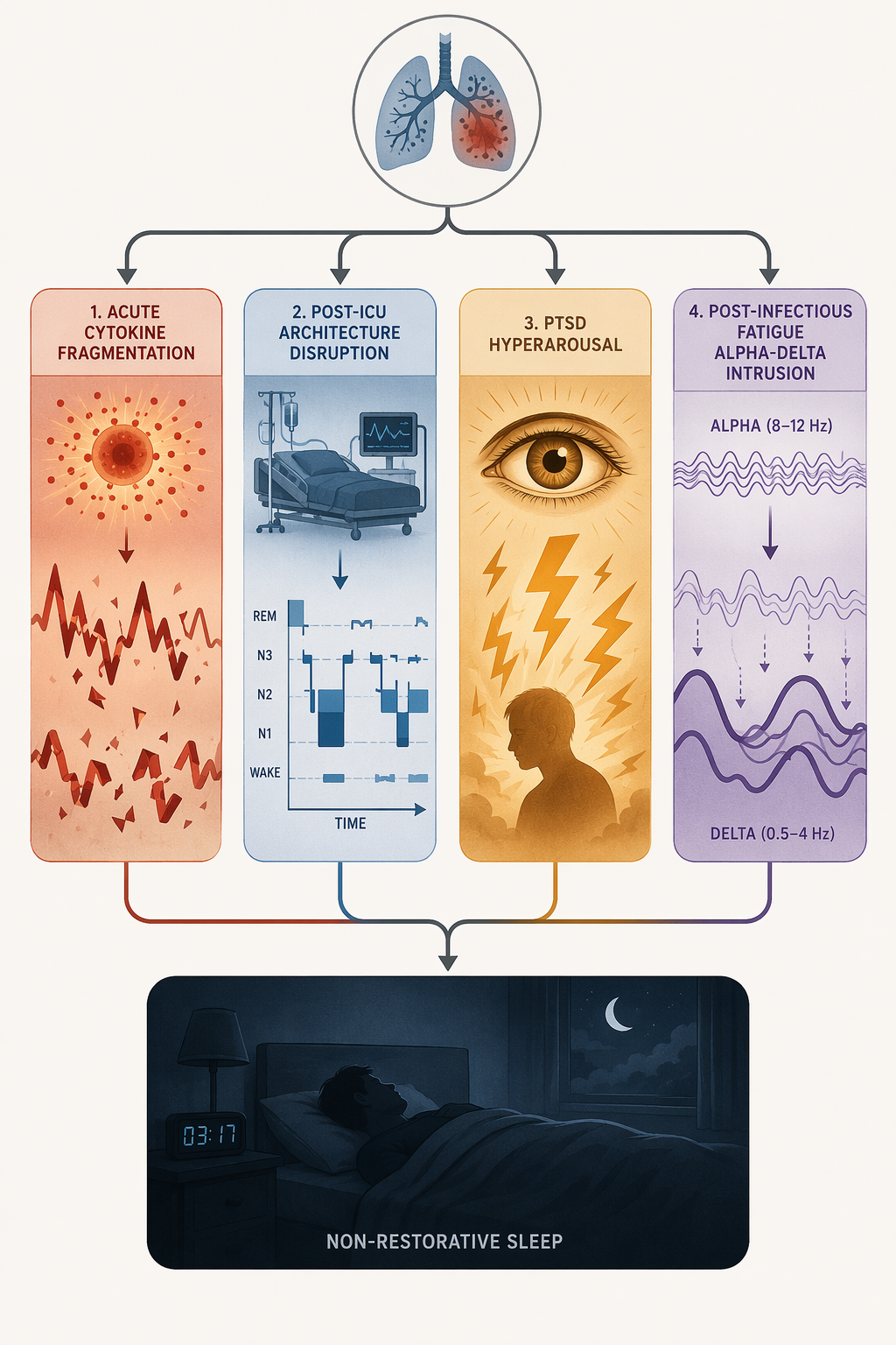 A flowchart showing four pathways from Legionnaires' disease to non-restorative sleep