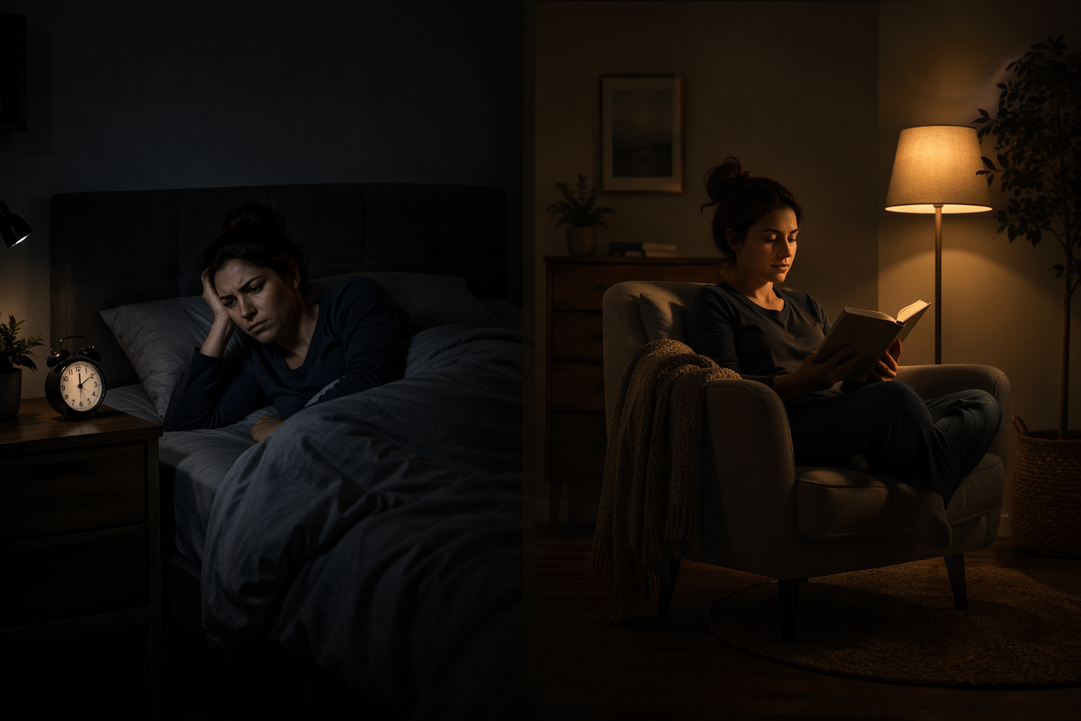 A person awake in bed on one side and calmly reading in an armchair on the other, illustrating stimulus control
