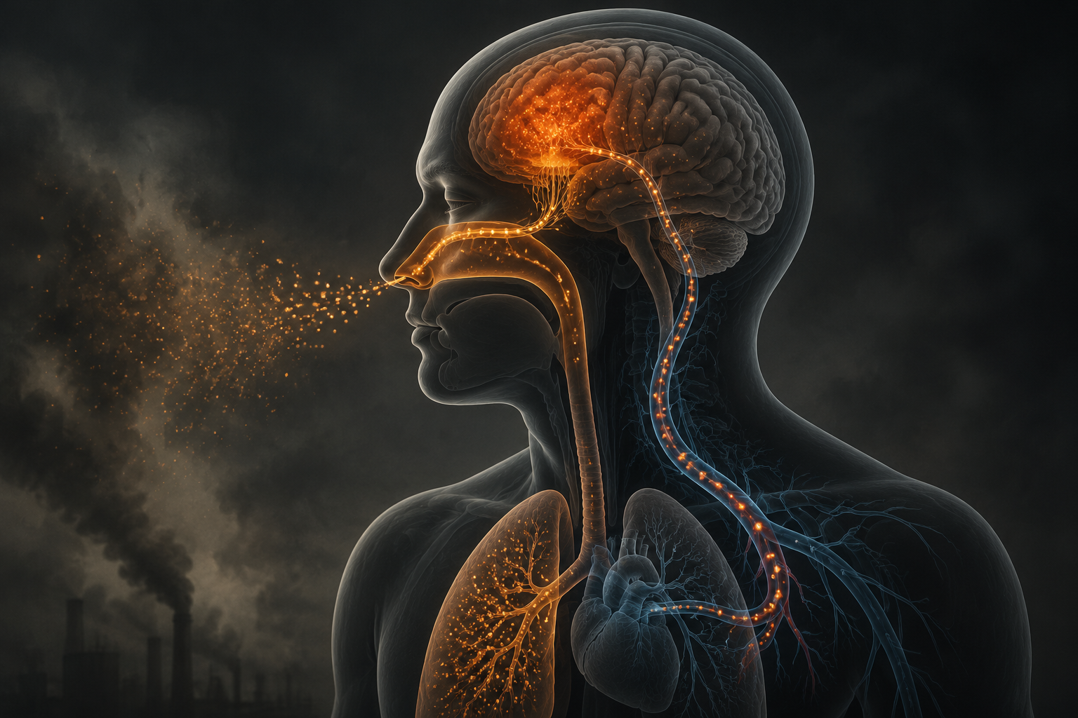 Fine smoke particles entering through the nose and lungs and traveling toward the brain through olfactory and bloodstream pathways