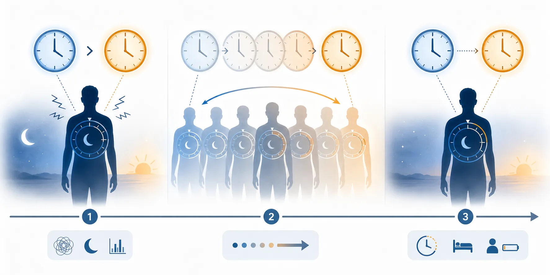 Timeline showing acute misalignment, gradual adjustment, and persistent chronic social jet lag