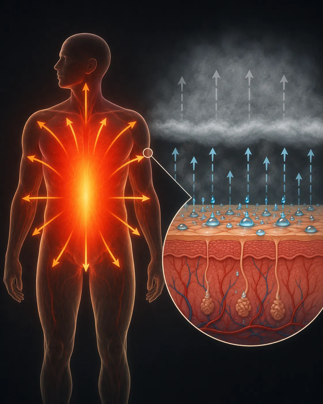Diagram showing humidity blocking sweat evaporation and body heat loss