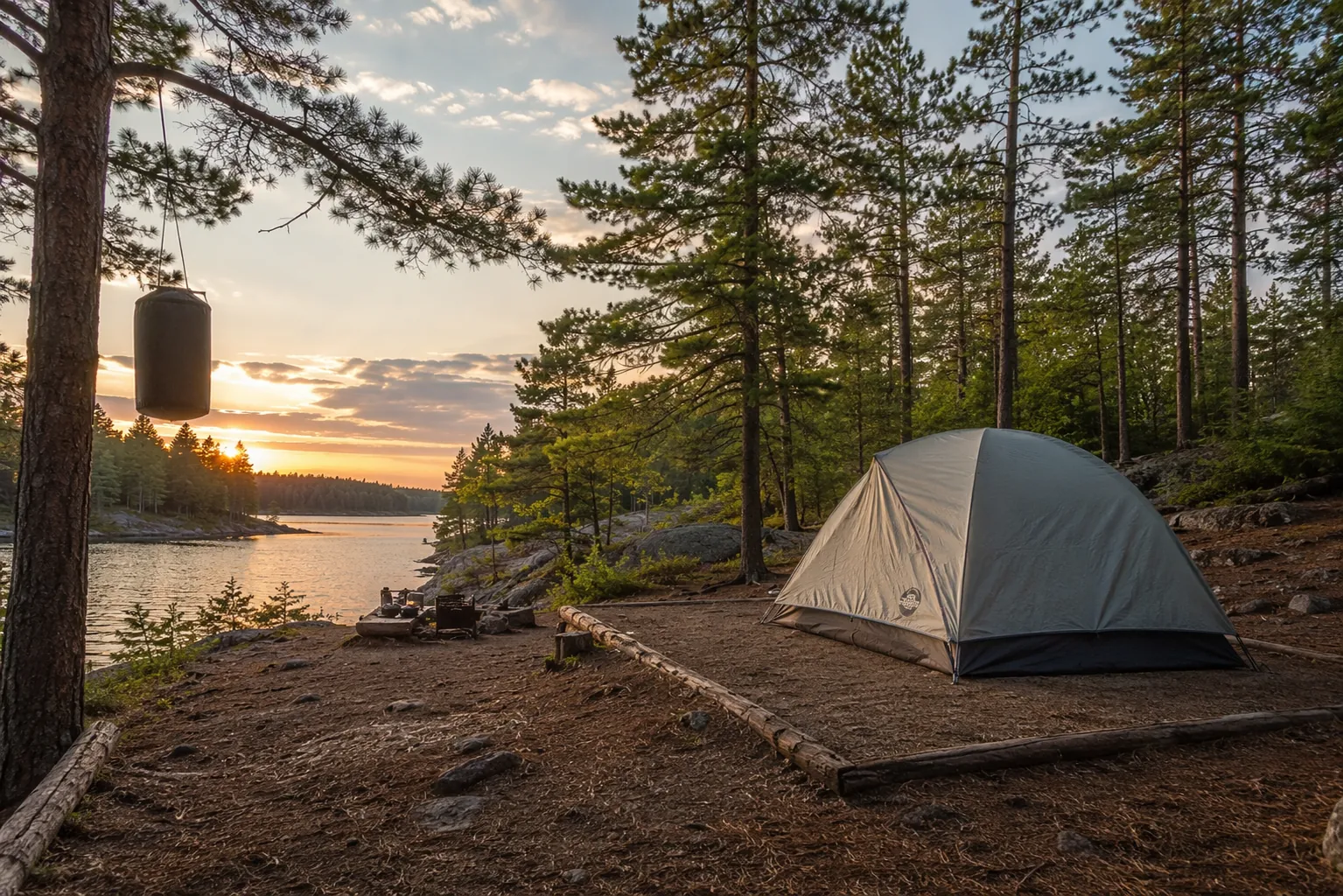 A clean Boundary Waters campsite at dusk with a food barrel hung away from the tent
